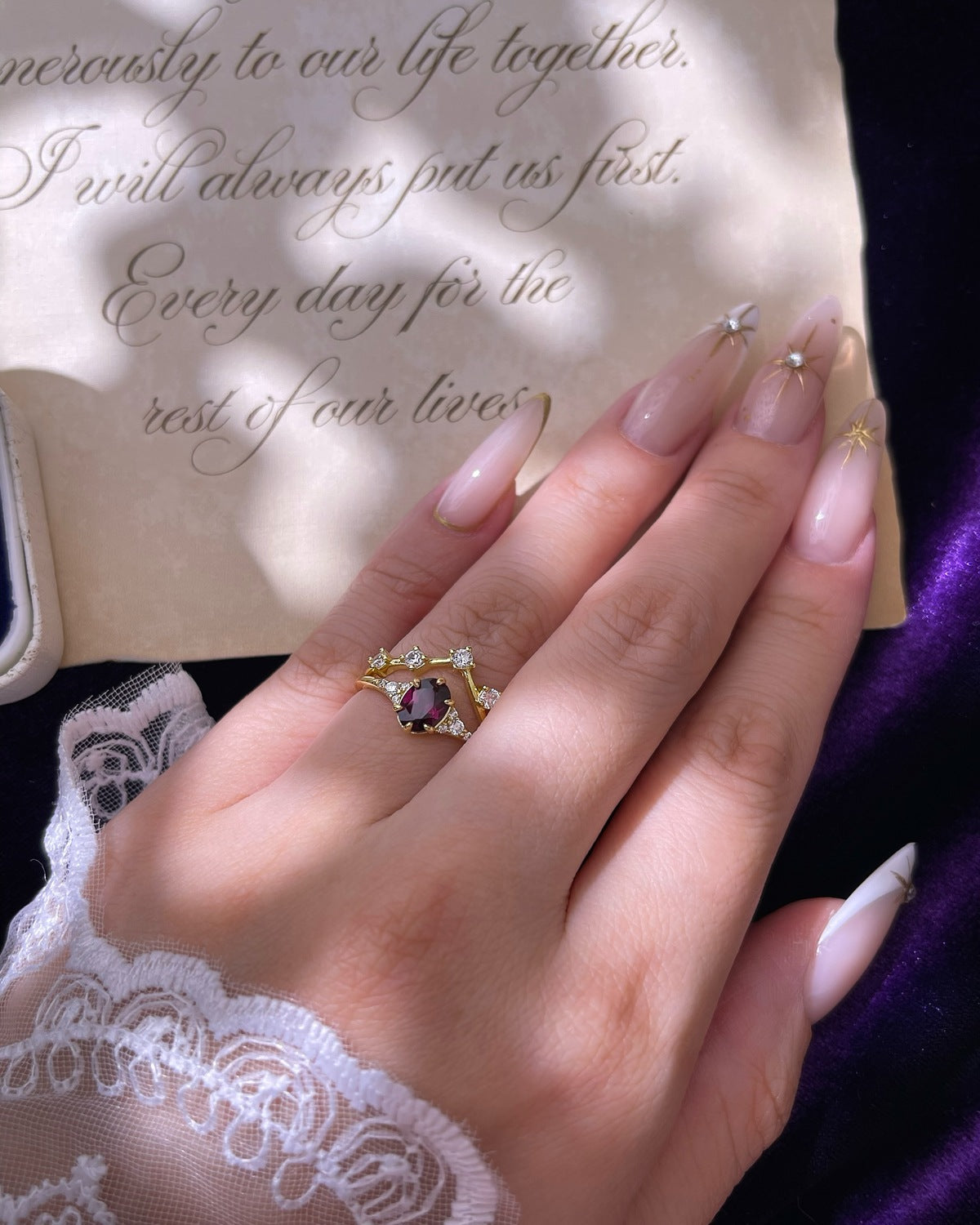 【Regalia Set】Handmade Natural Rhodolite Garnet Engagement Ring Set 2pcs 0.75ct Oval Cut