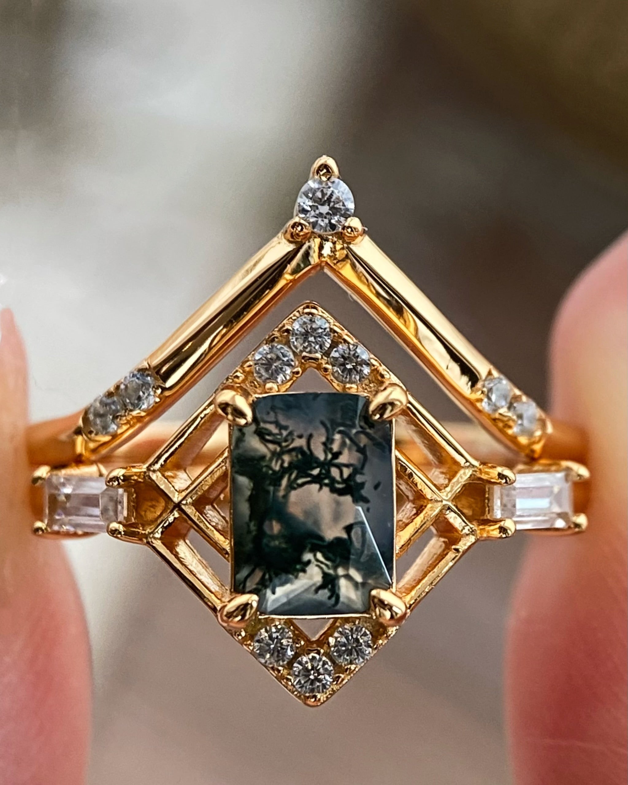 Elysium | Vintage Art Deco Inspired Moss Agate Engagement Ring Set Solid 14K Gold Emerald Cut