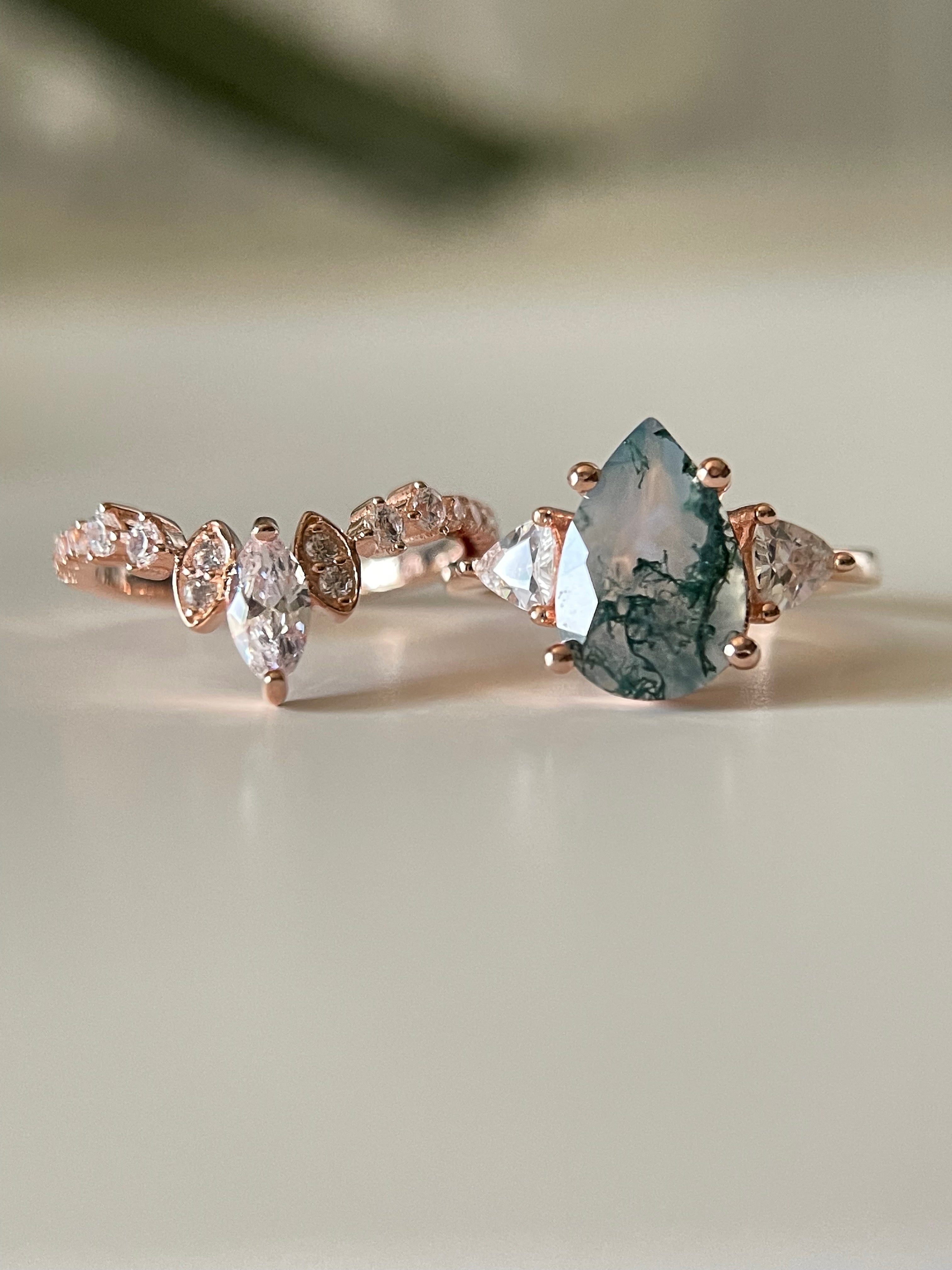 【HAZEL】Unique Handmade Natural Moss Agate Engagement Ring 3ct Pear Shape