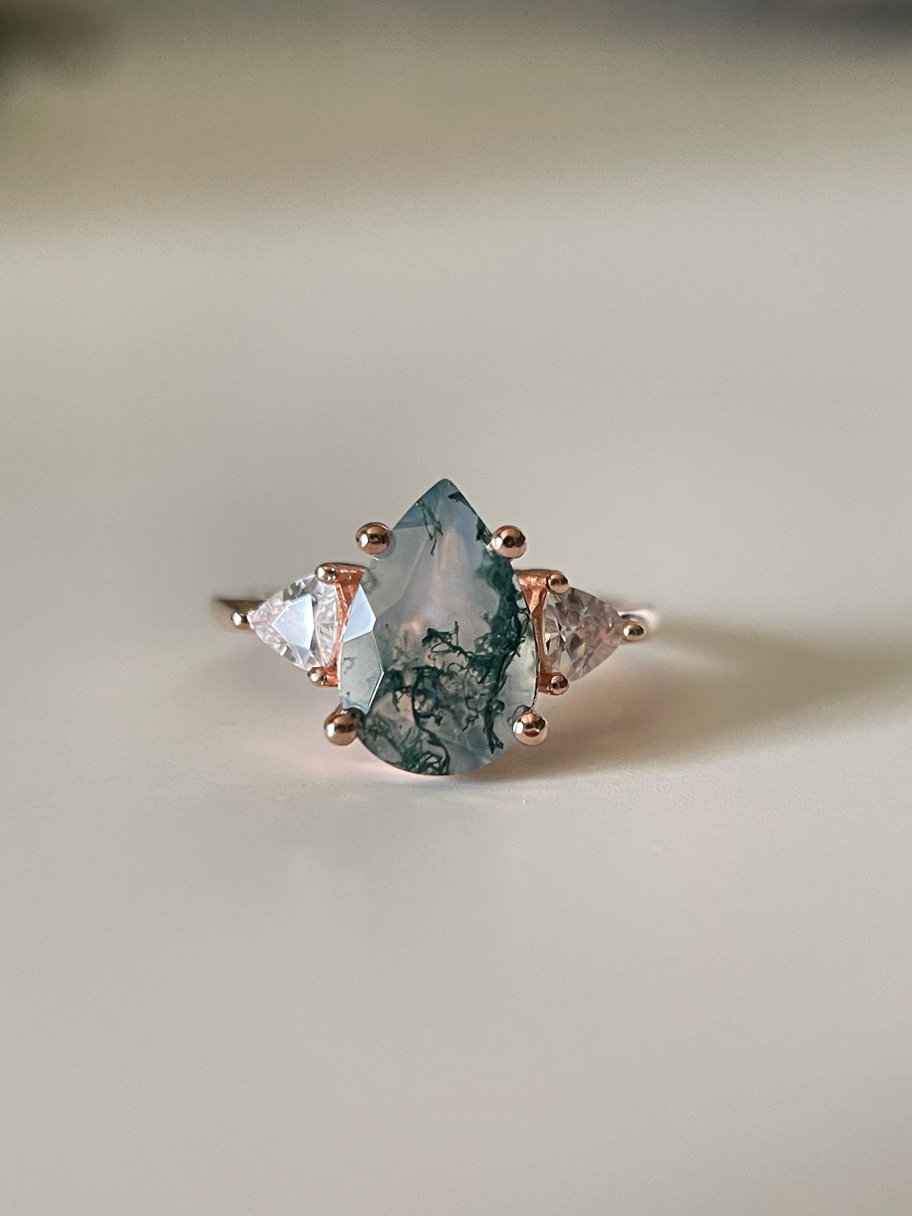 【HAZEL】Unique Handmade Natural Moss Agate Engagement Ring 3ct Pear Shape