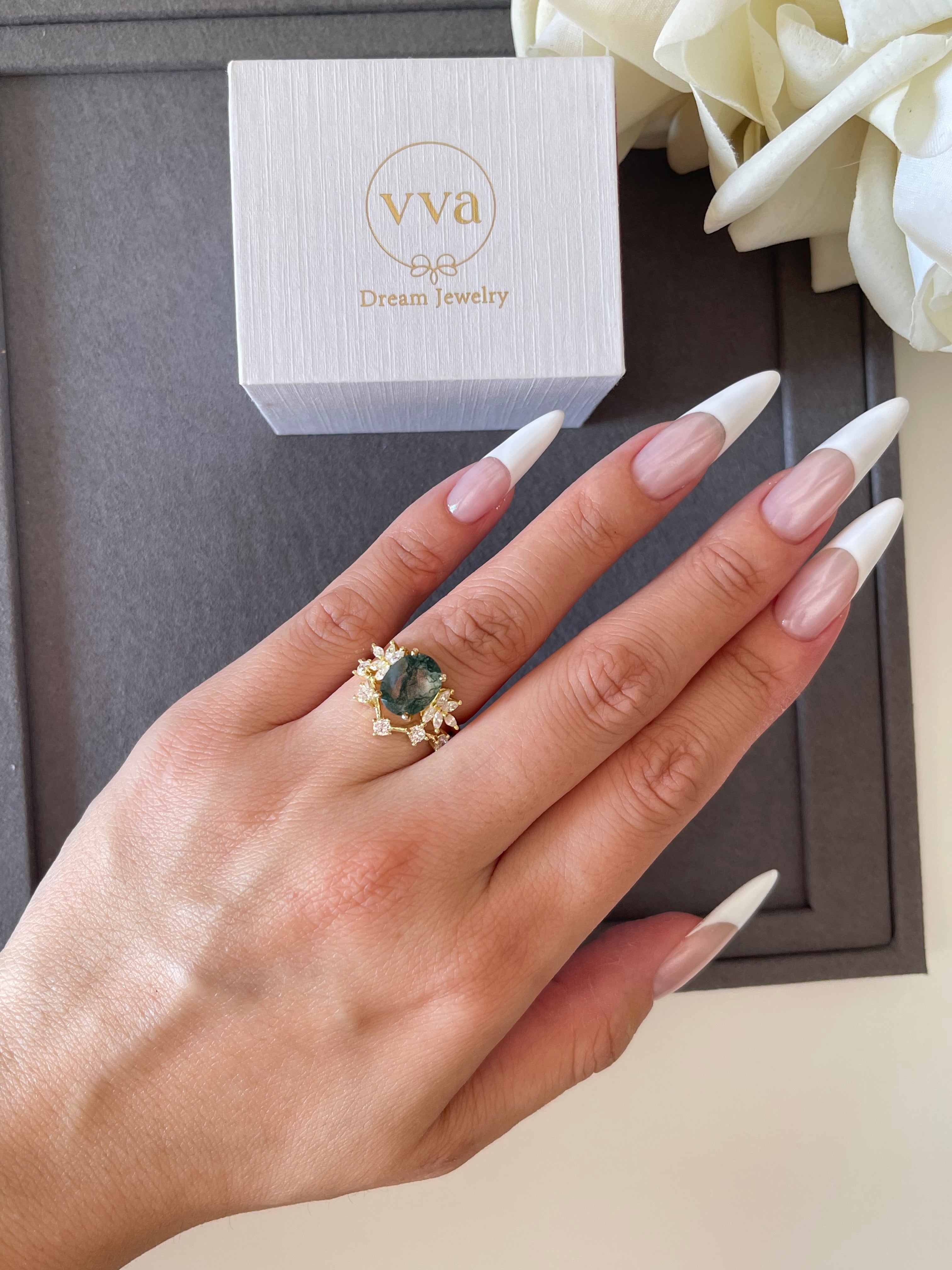 【SIERR】Unique Handmade Natural Moss Agate Engagement Ring Oval Shape 3c