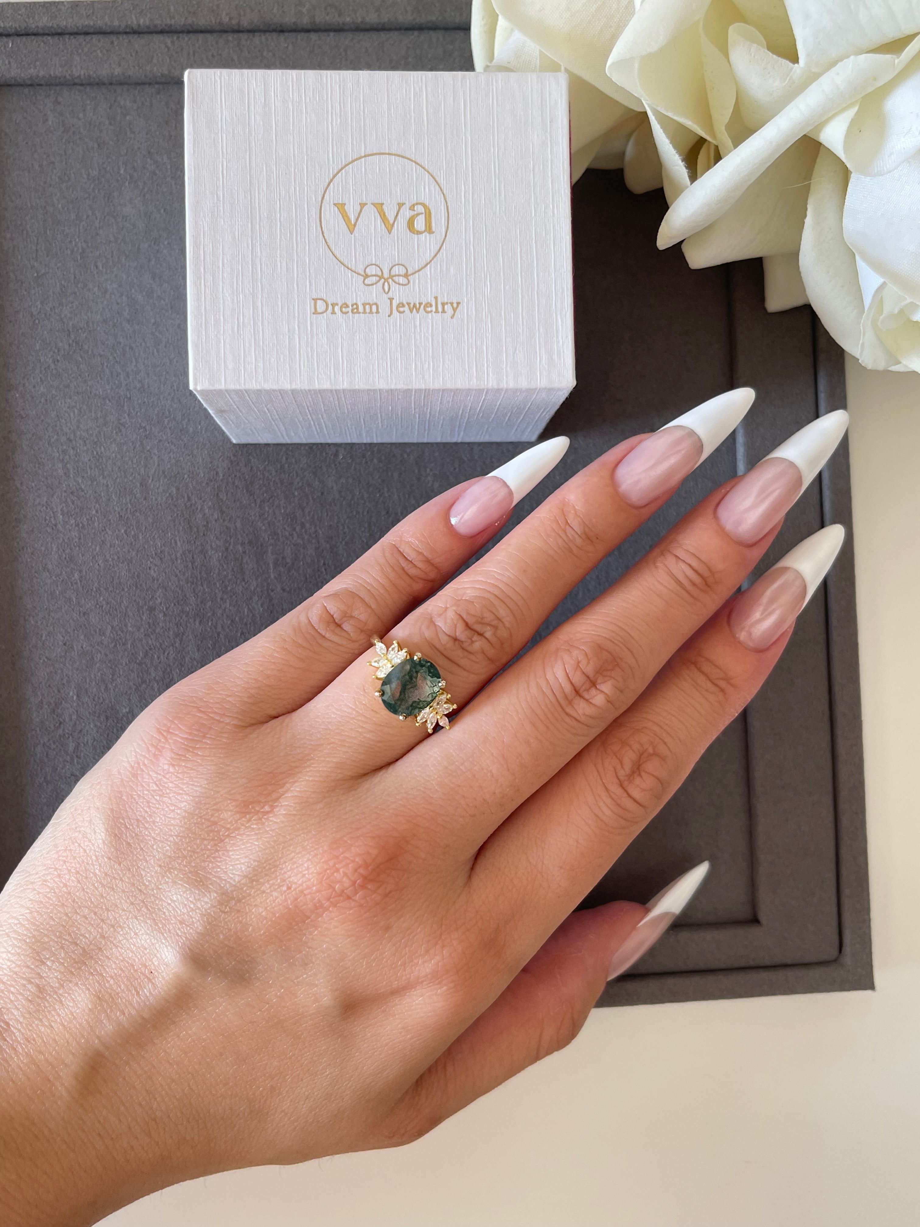 【SIERR】Unique Handmade Natural Moss Agate Engagement Ring Oval Shape 3c