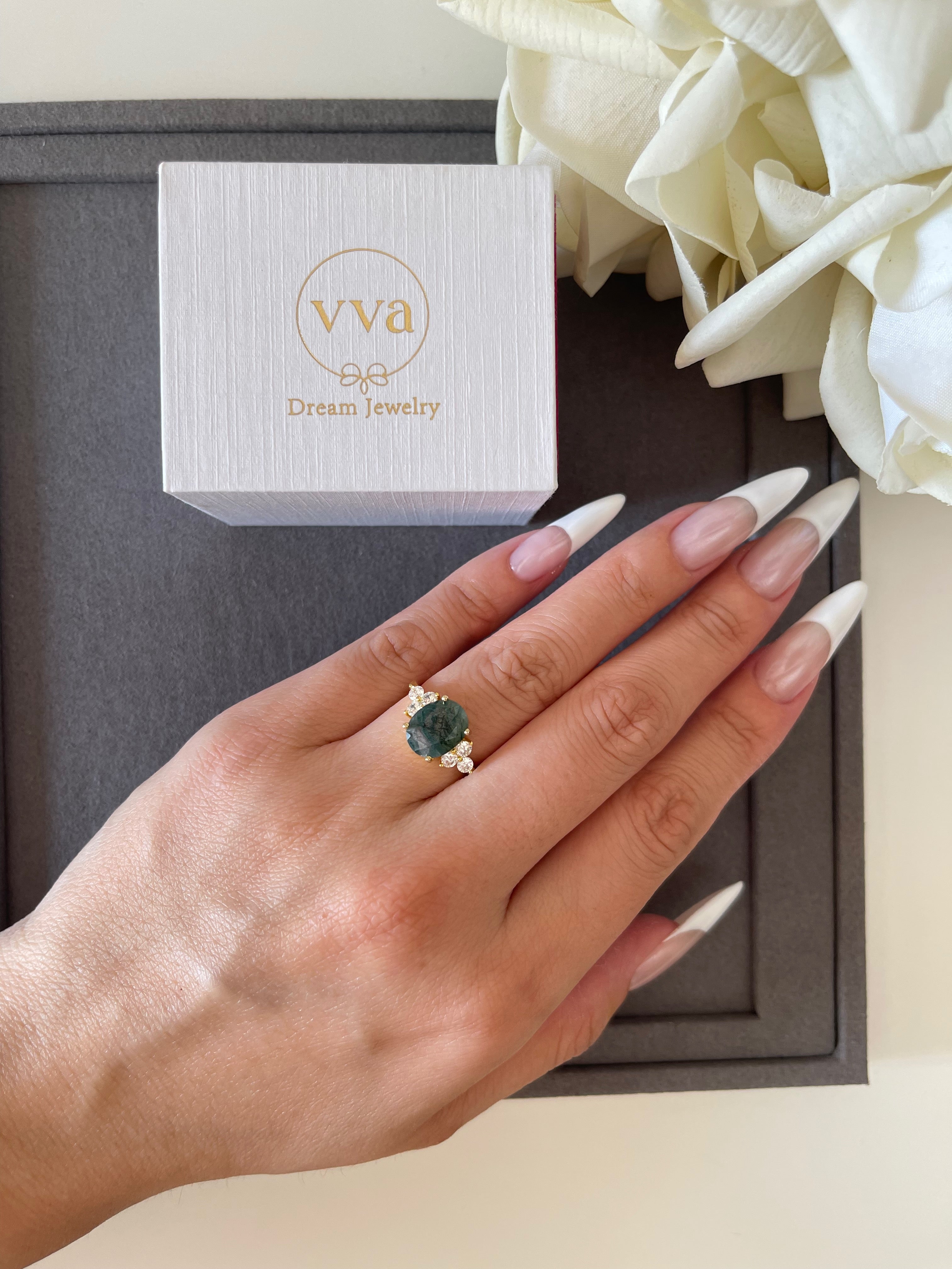 【ELOWEN】Unique Handmade Natural Moss Agate Engagement Ring Oval Shape 3ct