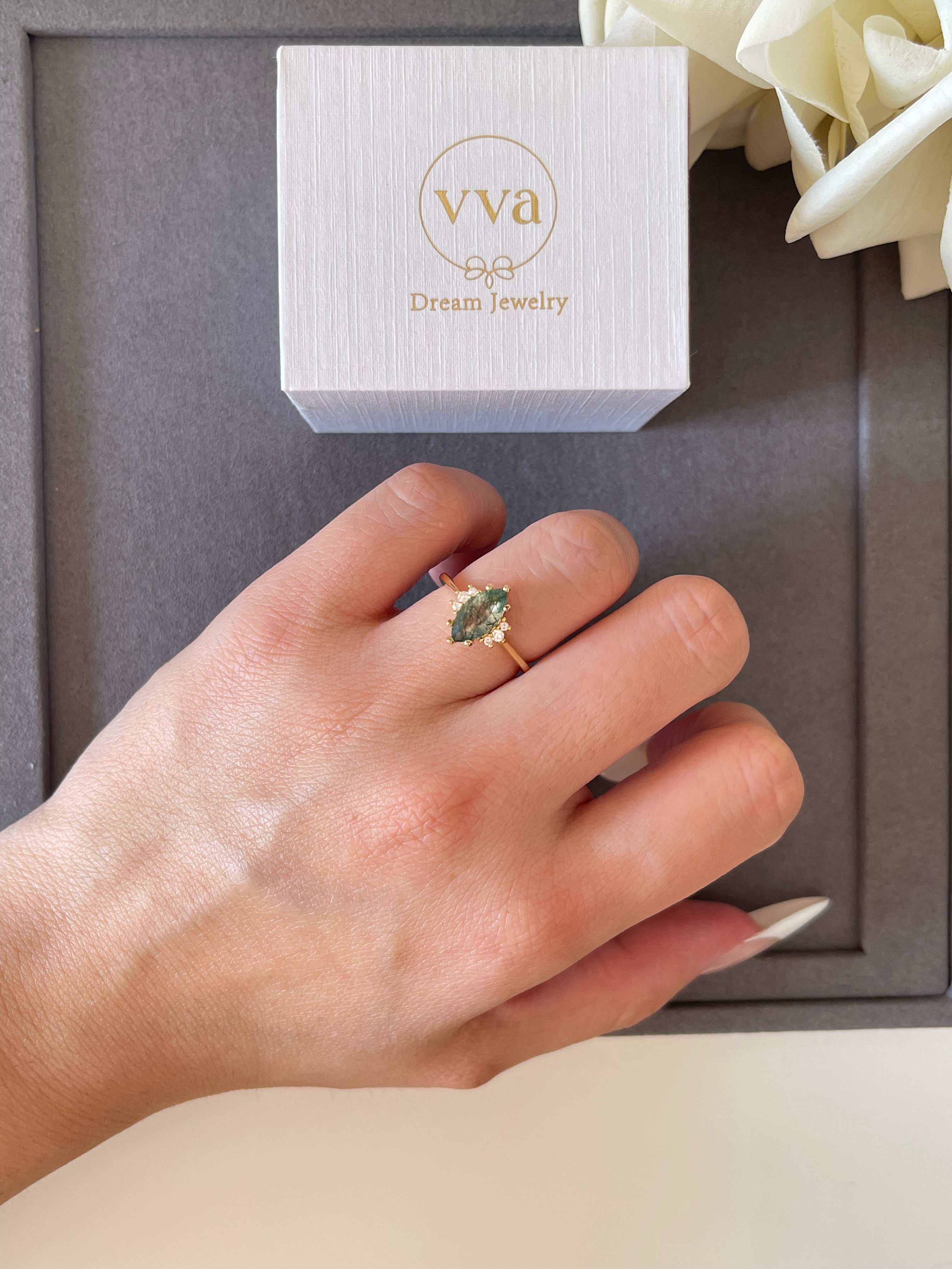 【CASSIOPEIA SET】Unique Handmade Natural Moss Agate Engagement Ring Set 3pcs Marquise Shape 1ct