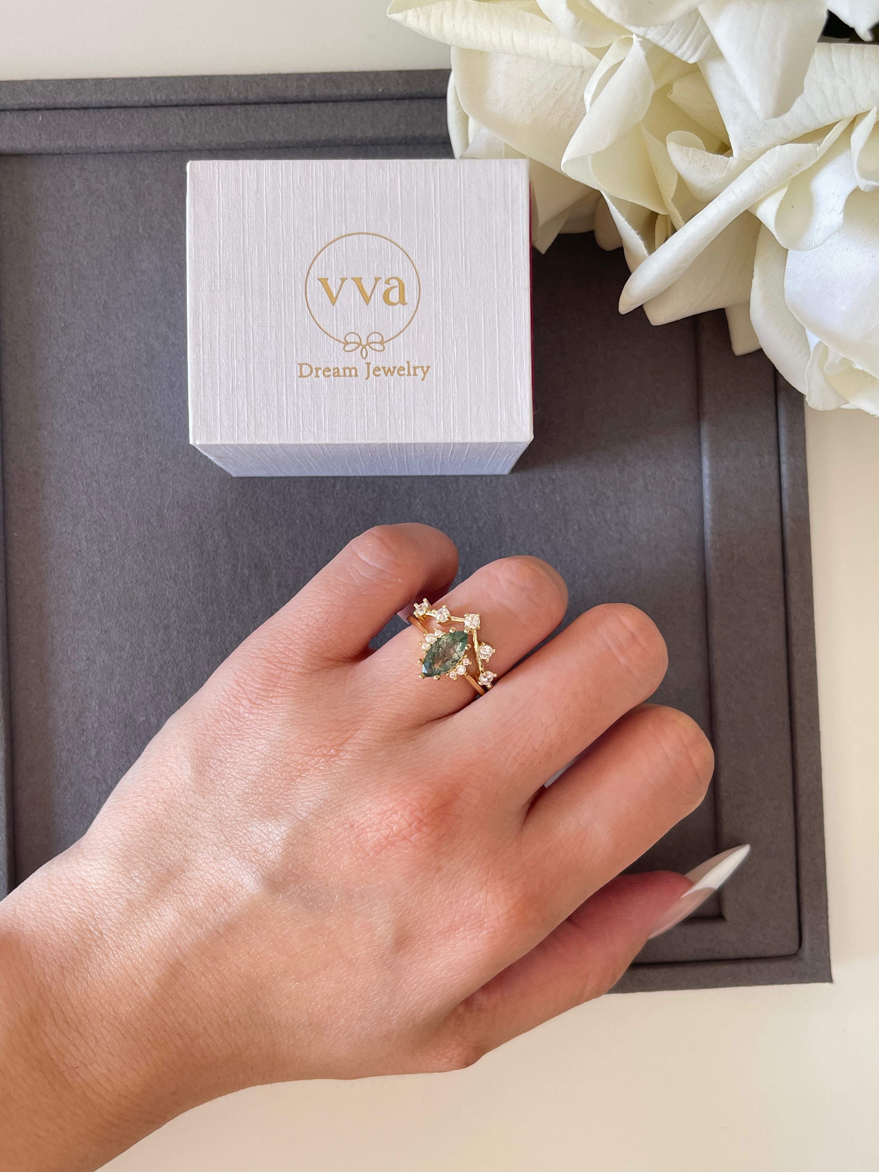 【CASSIOPEIA SET】Unique Handmade Natural Moss Agate Engagement Ring Set 3pcs Marquise Shape 1ct