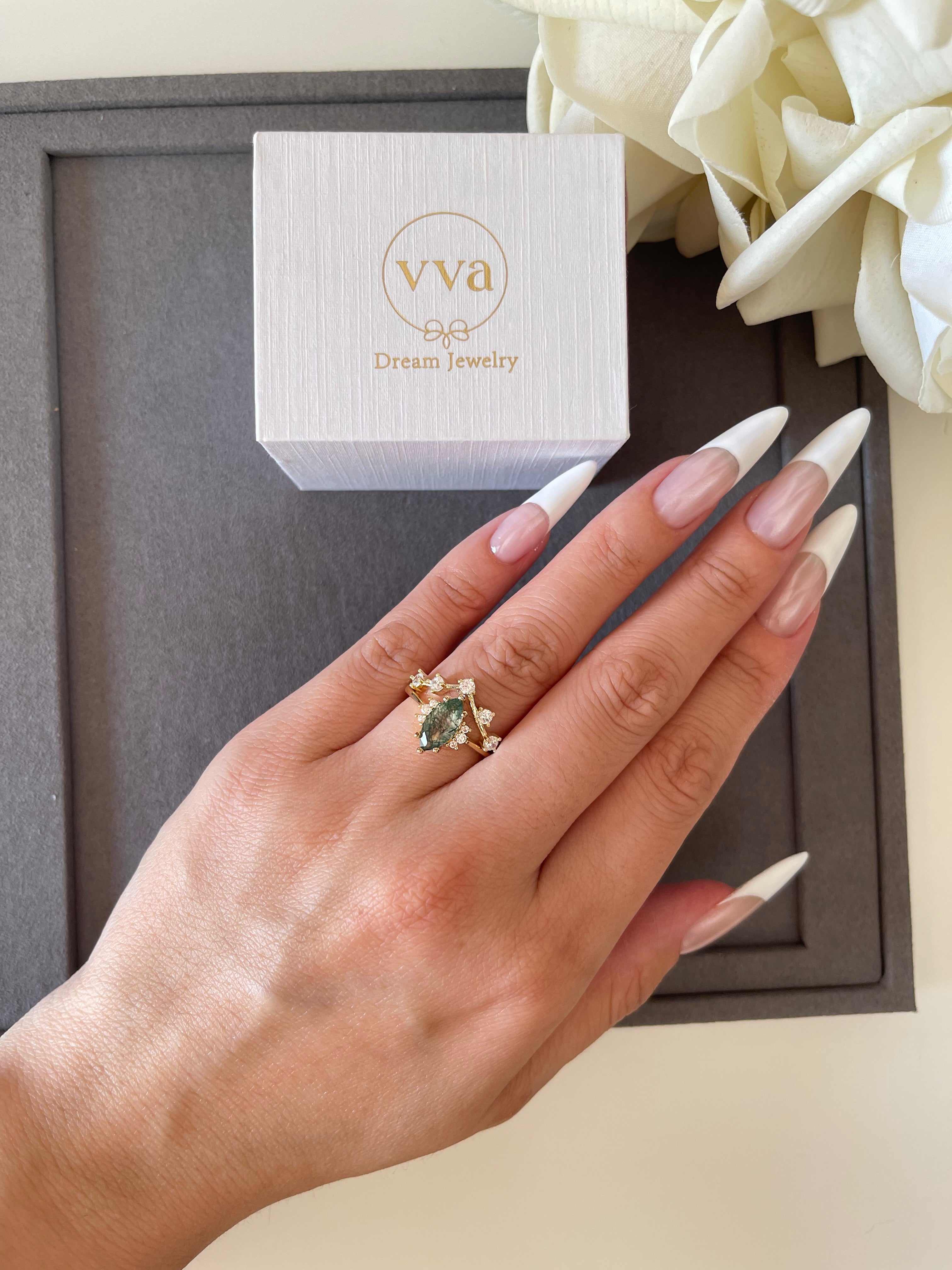 【CASSIOPEIA SET】Unique Handmade Natural Moss Agate Engagement Ring Set 3pcs Marquise Shape 1ct