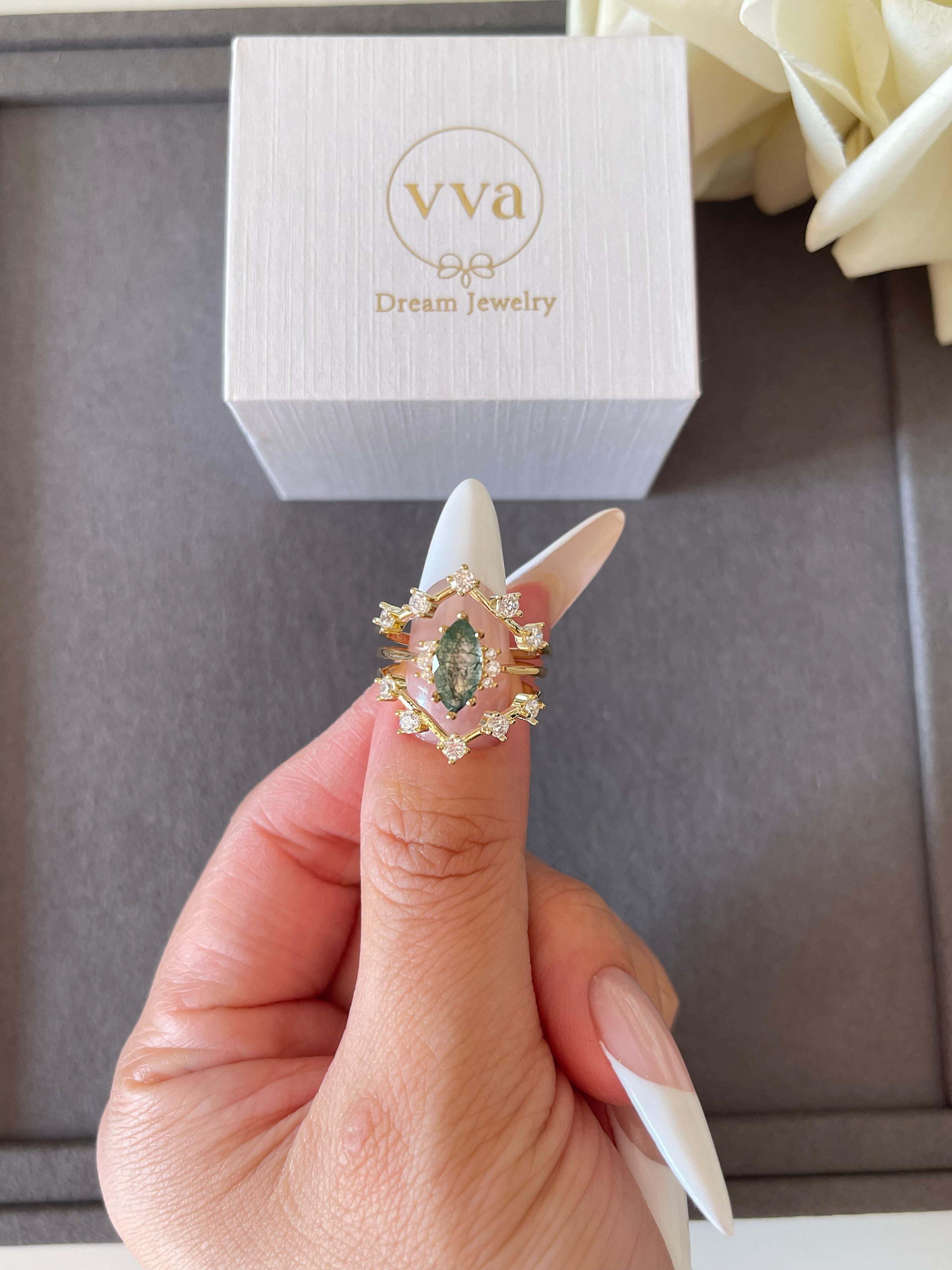 【CASSIOPEIA SET】Unique Handmade Natural Moss Agate Engagement Ring Set 3pcs Marquise Shape 1ct