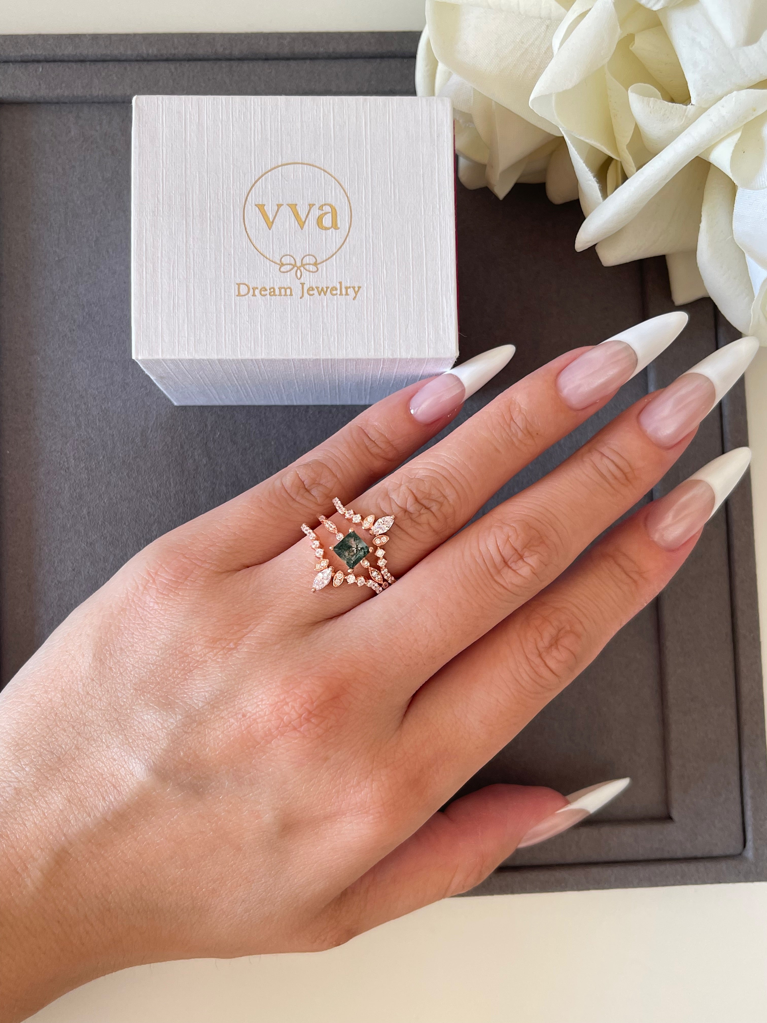 【OPHELIA SET】Unique Handmade Natural Moss Agate Engagement Ring Set 3pcs 0.75ct Princess Cut