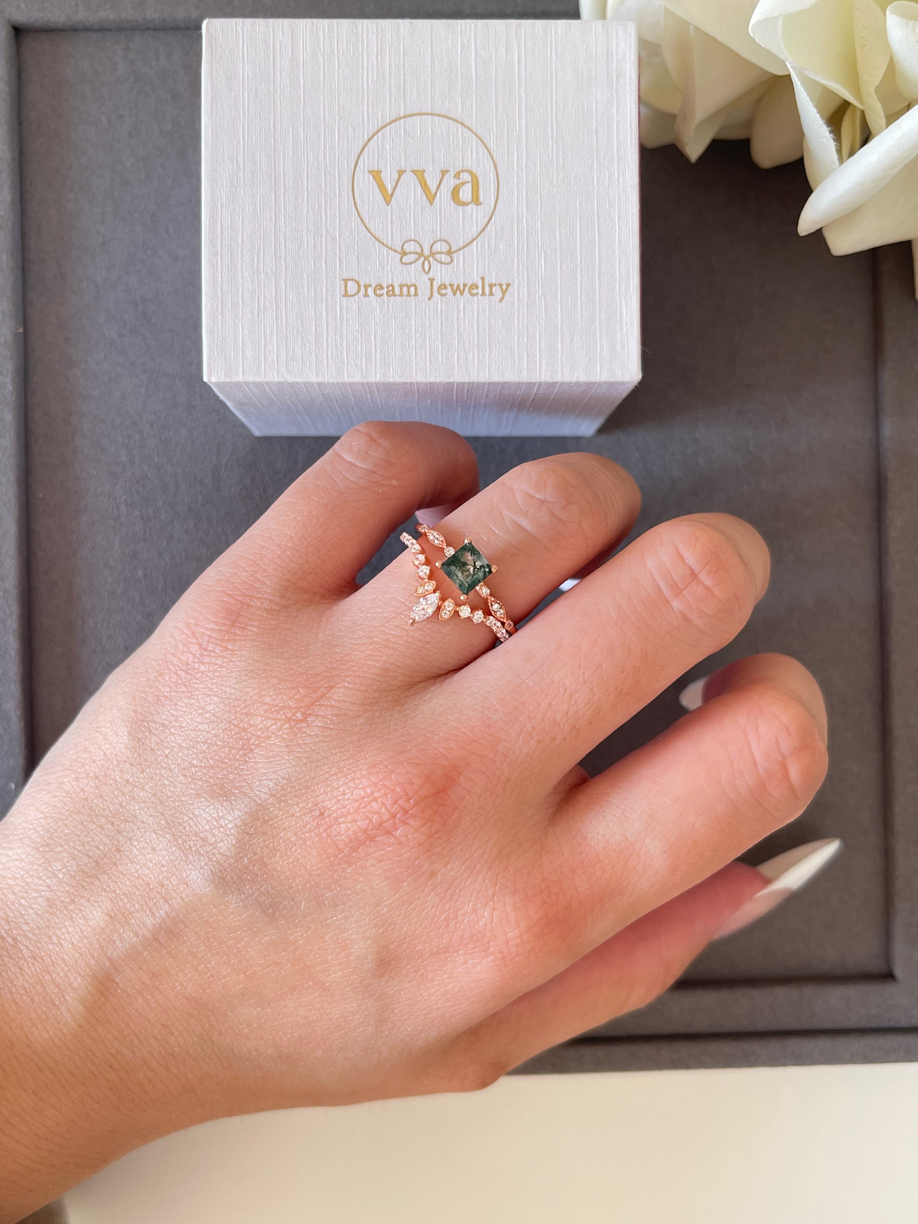 【OPHELIA SET】Unique Handmade Natural Moss Agate Engagement Ring Set 3pcs 0.75ct Princess Cut