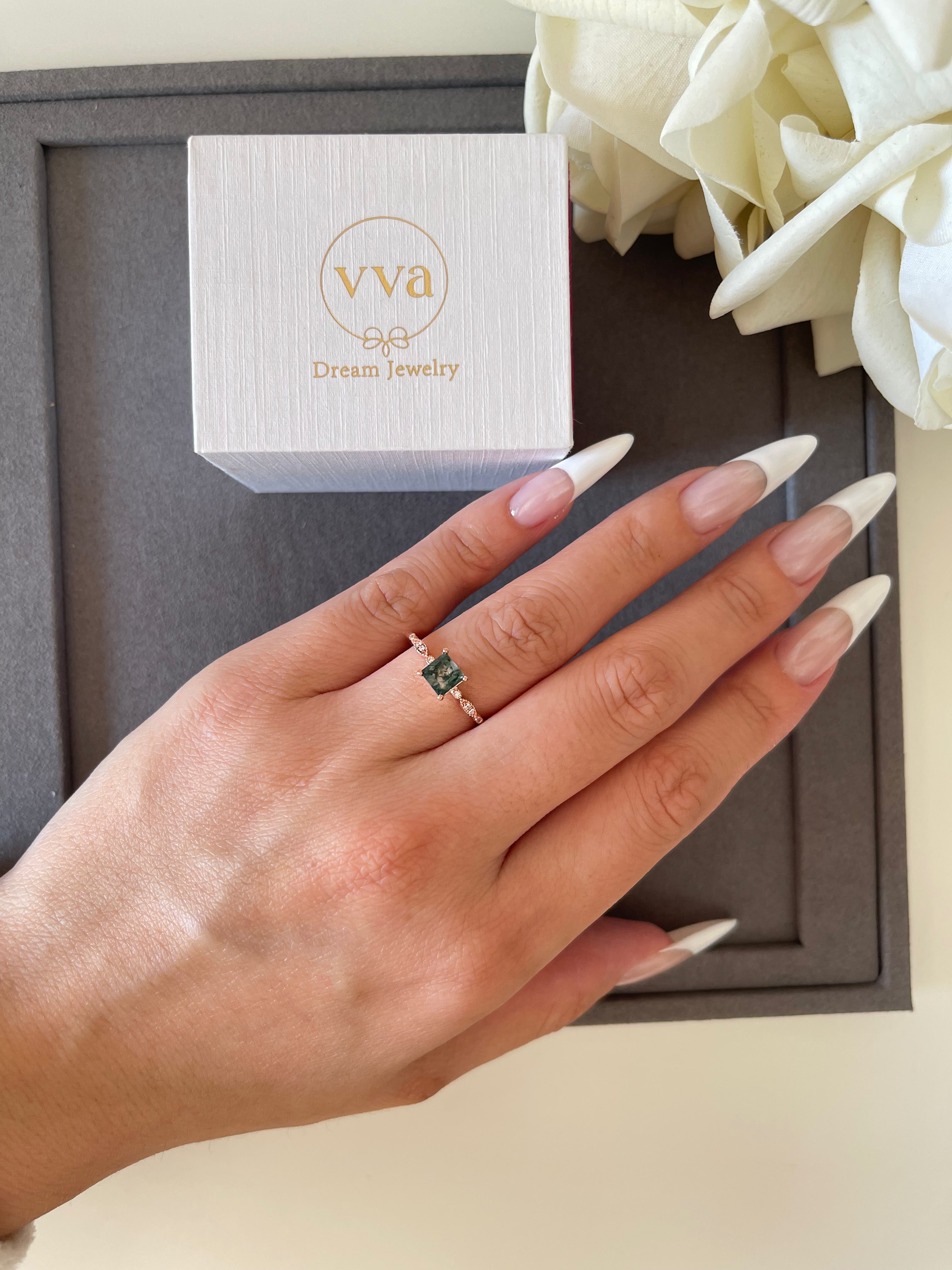 【OPHELIA SET】Unique Handmade Natural Moss Agate Engagement Ring Set 3pcs 0.75ct Princess Cut