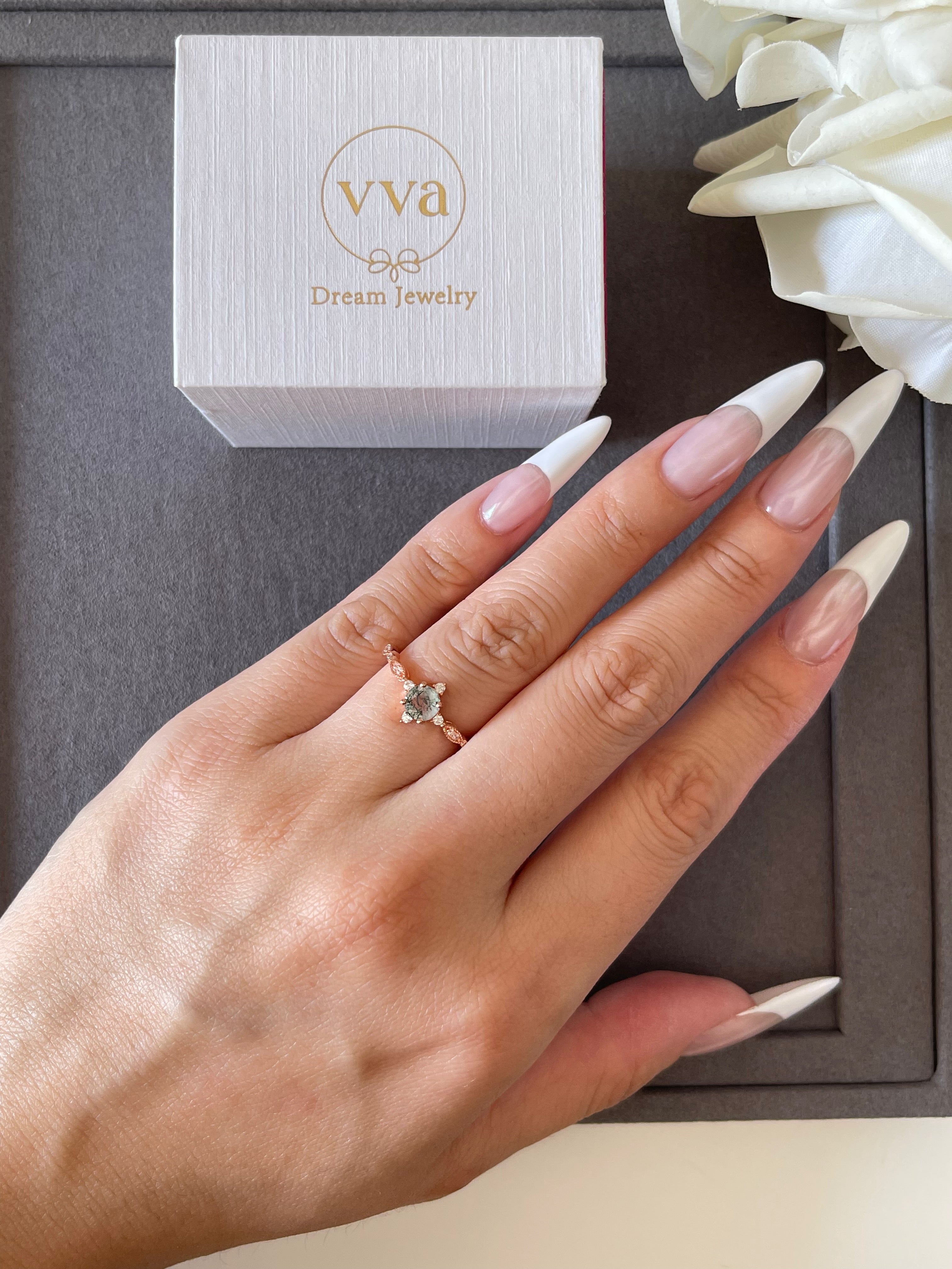 【Coralie Set】Unique Handmade Natural Moss Agate Engagement Ring Set 2pcs 0.5ct Round Shape