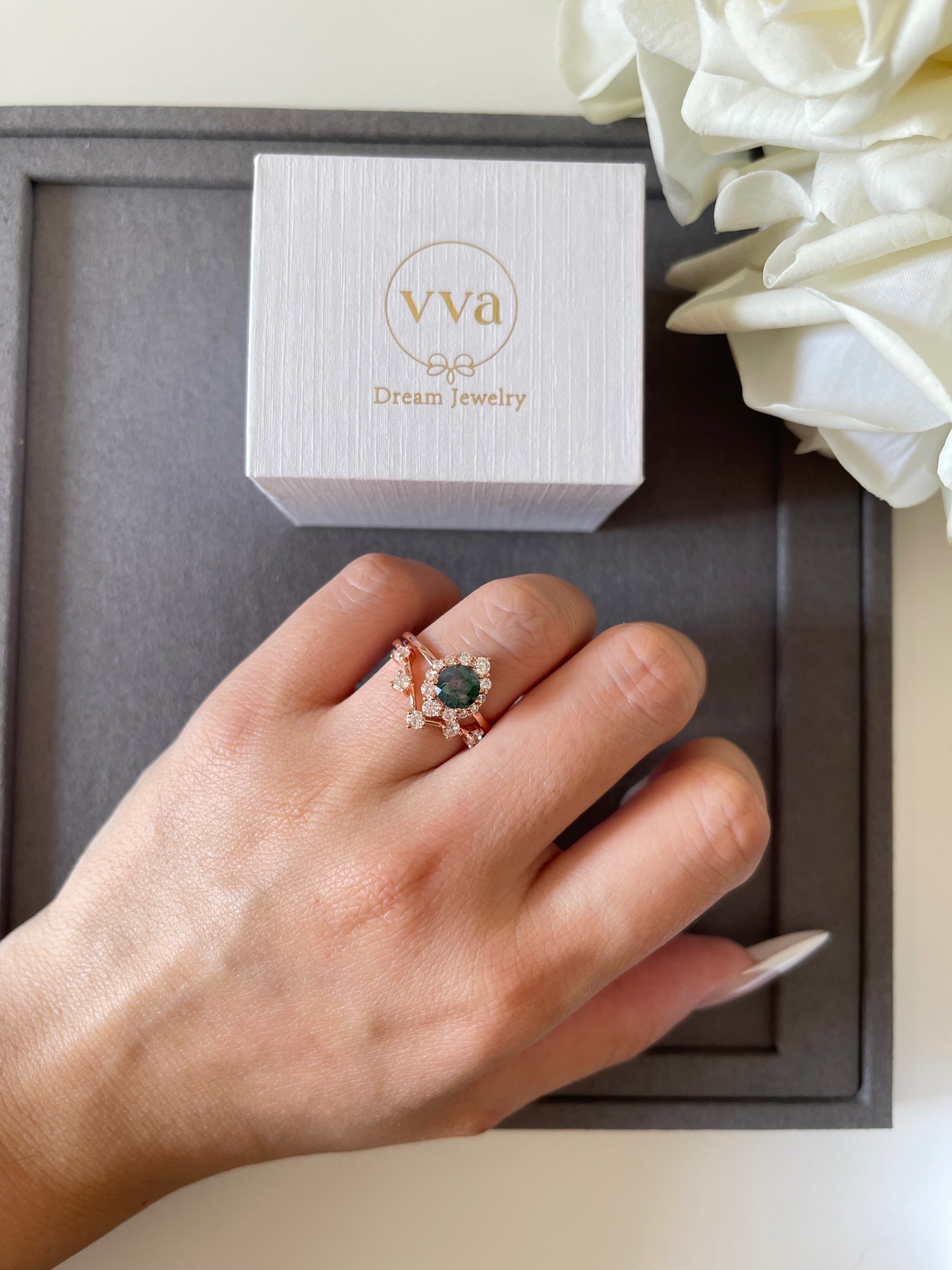 【Sylvana】Unique Handmade Natural Moss Agate Engagement Ring 0.8ct Round Shape