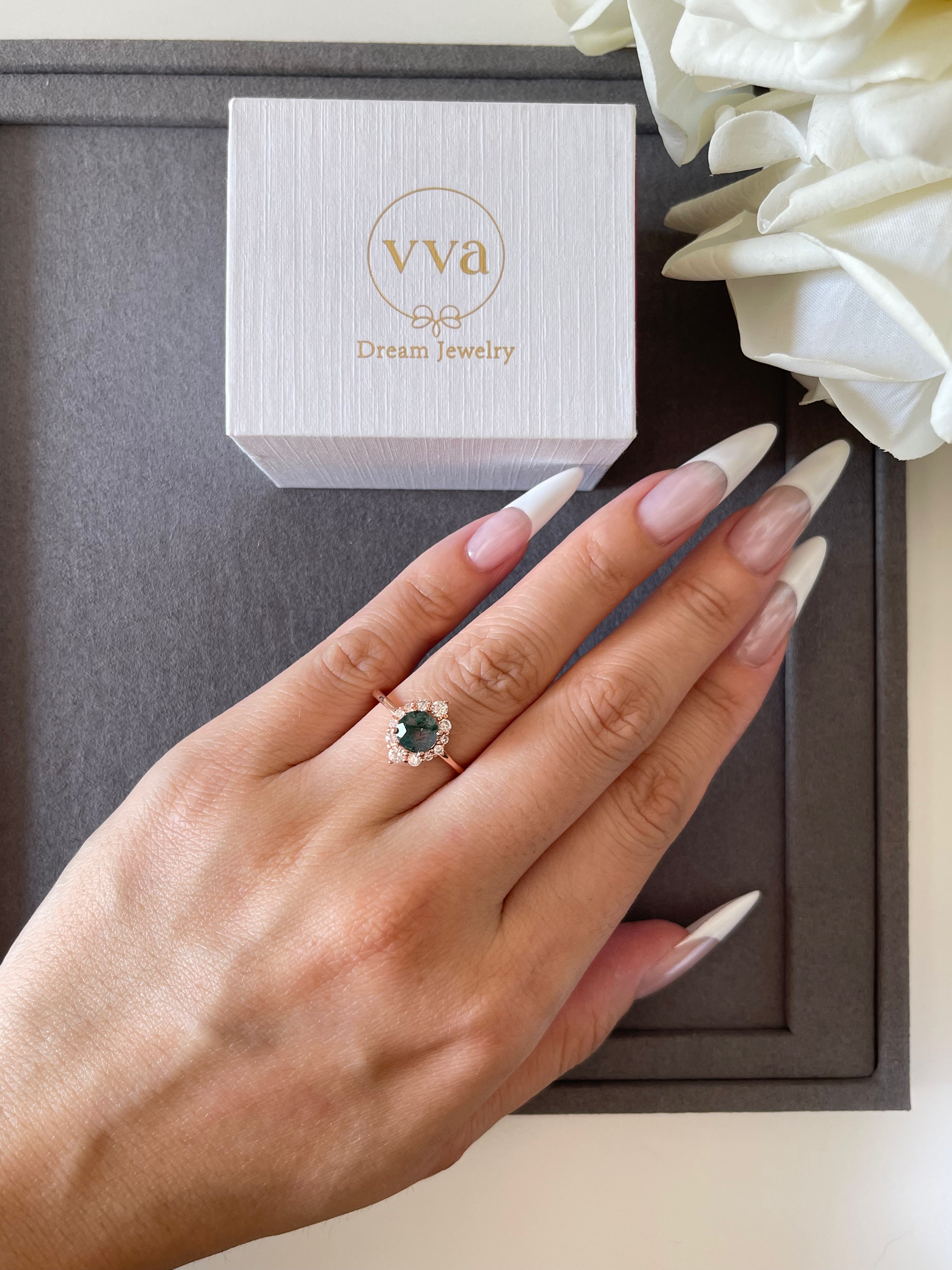 【Sylvana】Unique Handmade Natural Moss Agate Engagement Ring 0.8ct Round Shape