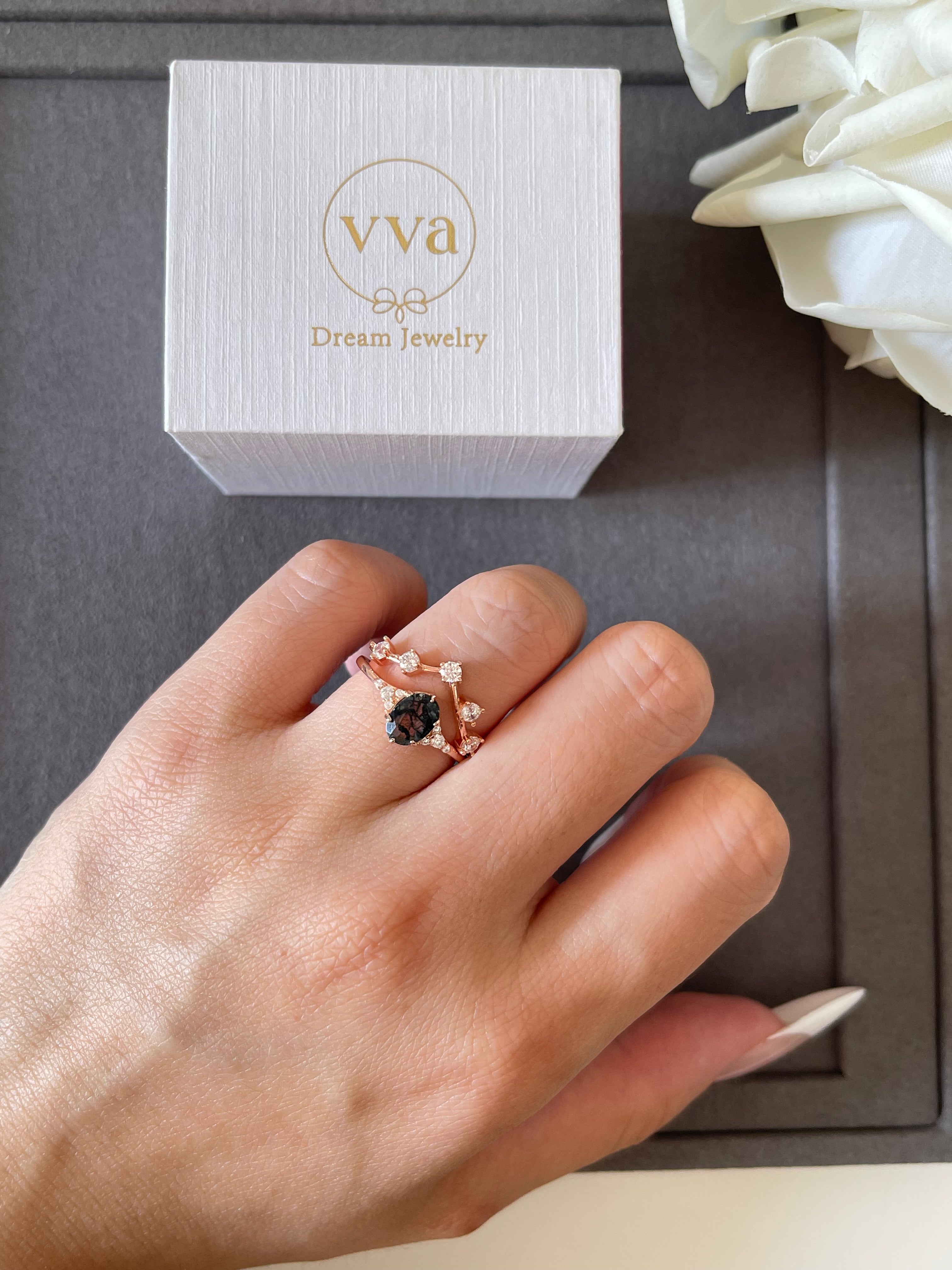 【Aetheria Set】Unique Handmade Natural Moss Agate Engagement Ring Set 2pcs 0.75ct Oval Shape