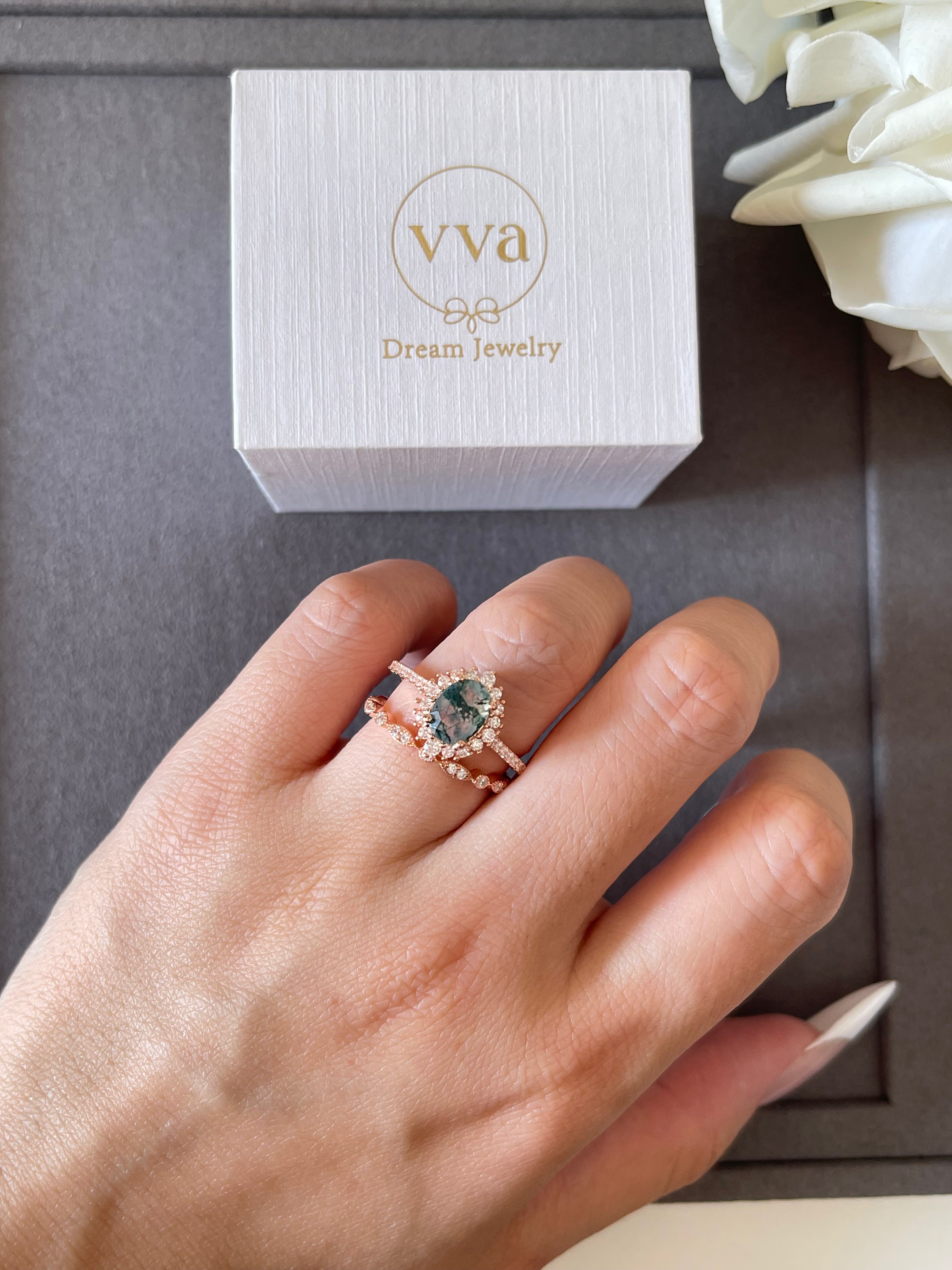 【Solara】Unique Handmade Natural Moss Agate Engagement Ring 1.5ct Oval Shape