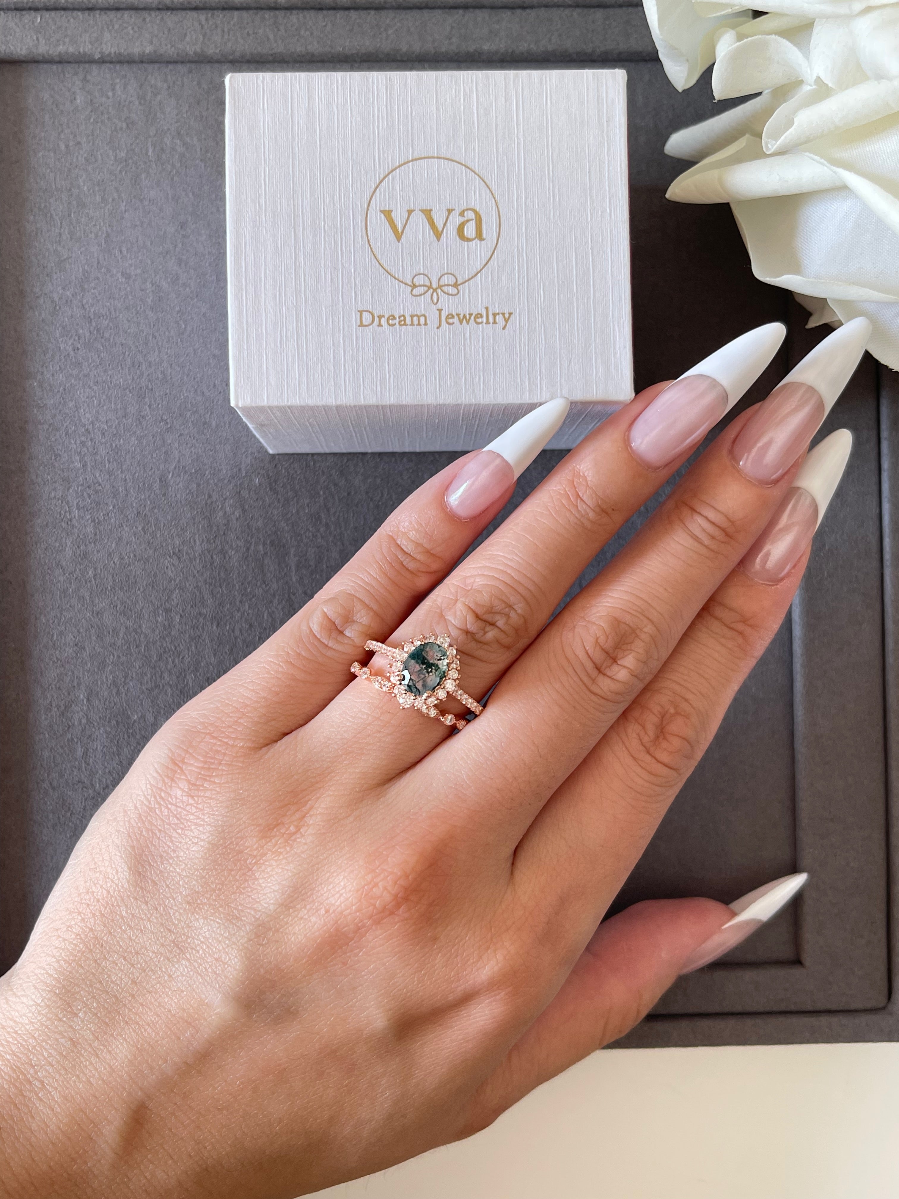 【Solara】Unique Handmade Natural Moss Agate Engagement Ring 1.5ct Oval Shape