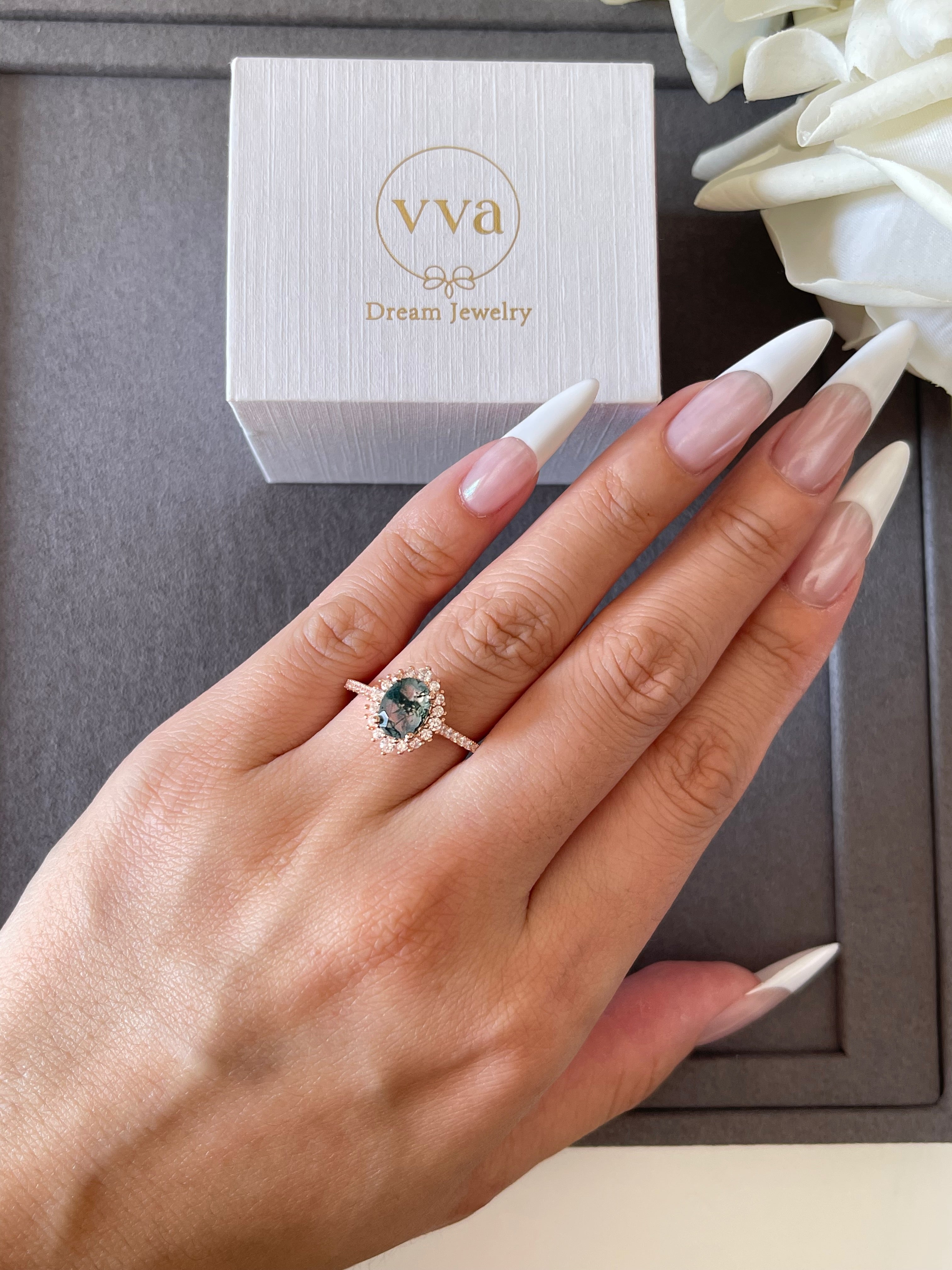 【Solara】Unique Handmade Natural Moss Agate Engagement Ring 1.5ct Oval Shape