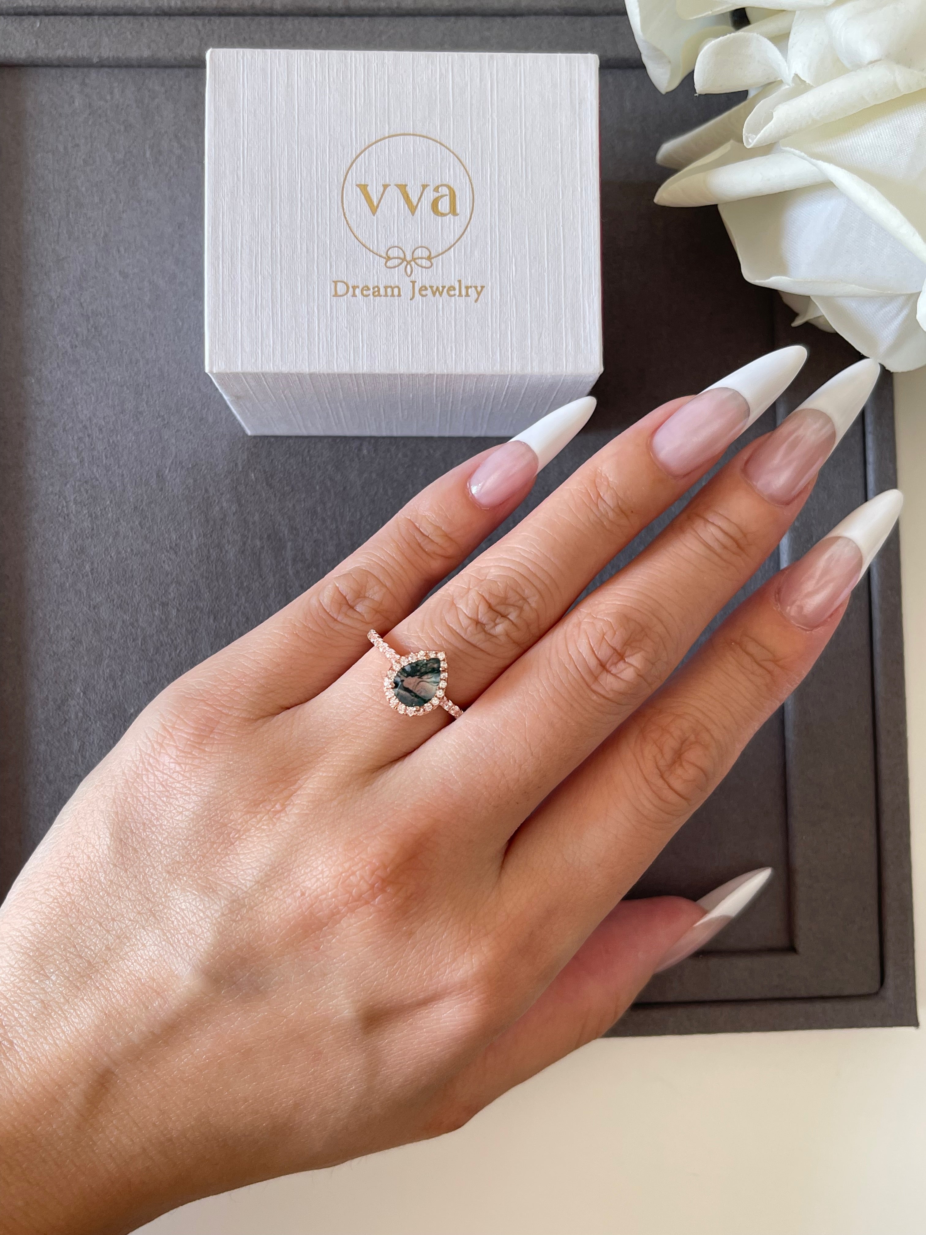 【Verdian】Unique Handmade Natural Moss Agate Engagement Ring 0.8ct Pear Shape