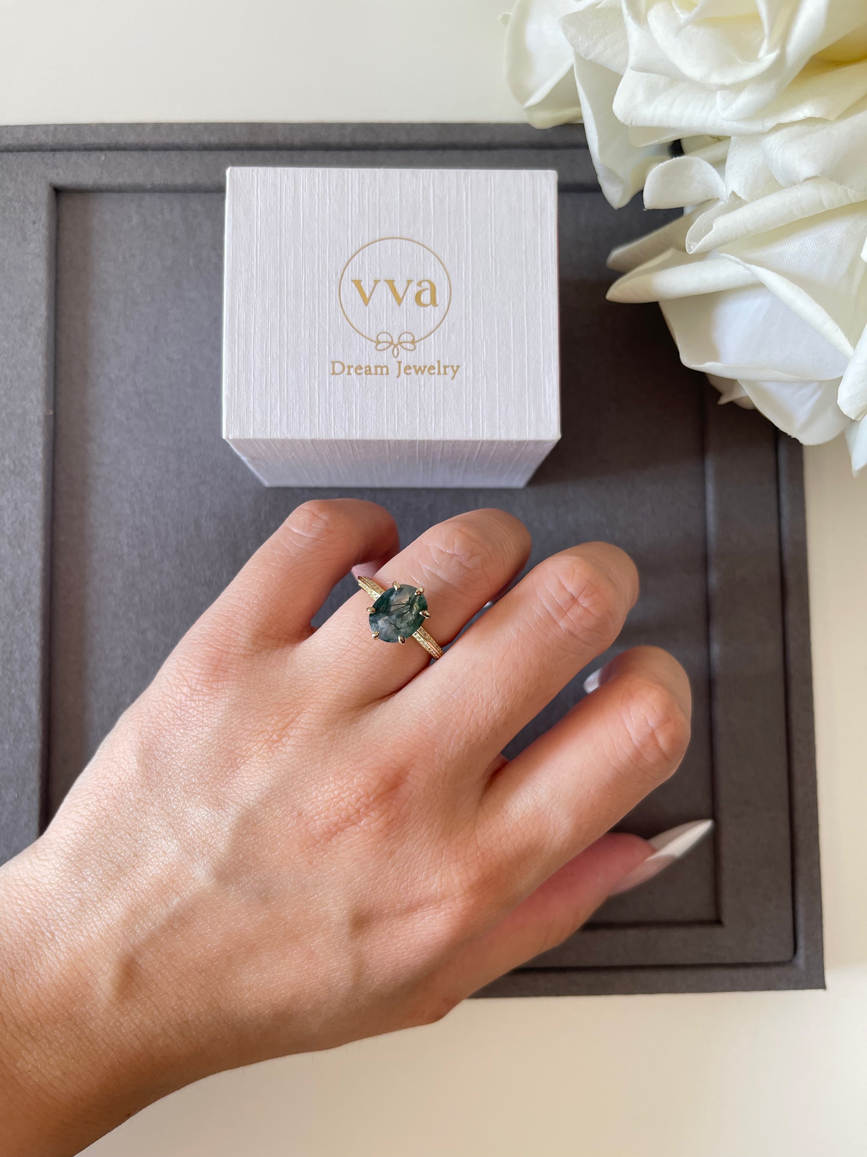 【Mysterium】Unique Handmade Natural Moss Agate Engagement Ring 3ct Oval Shape