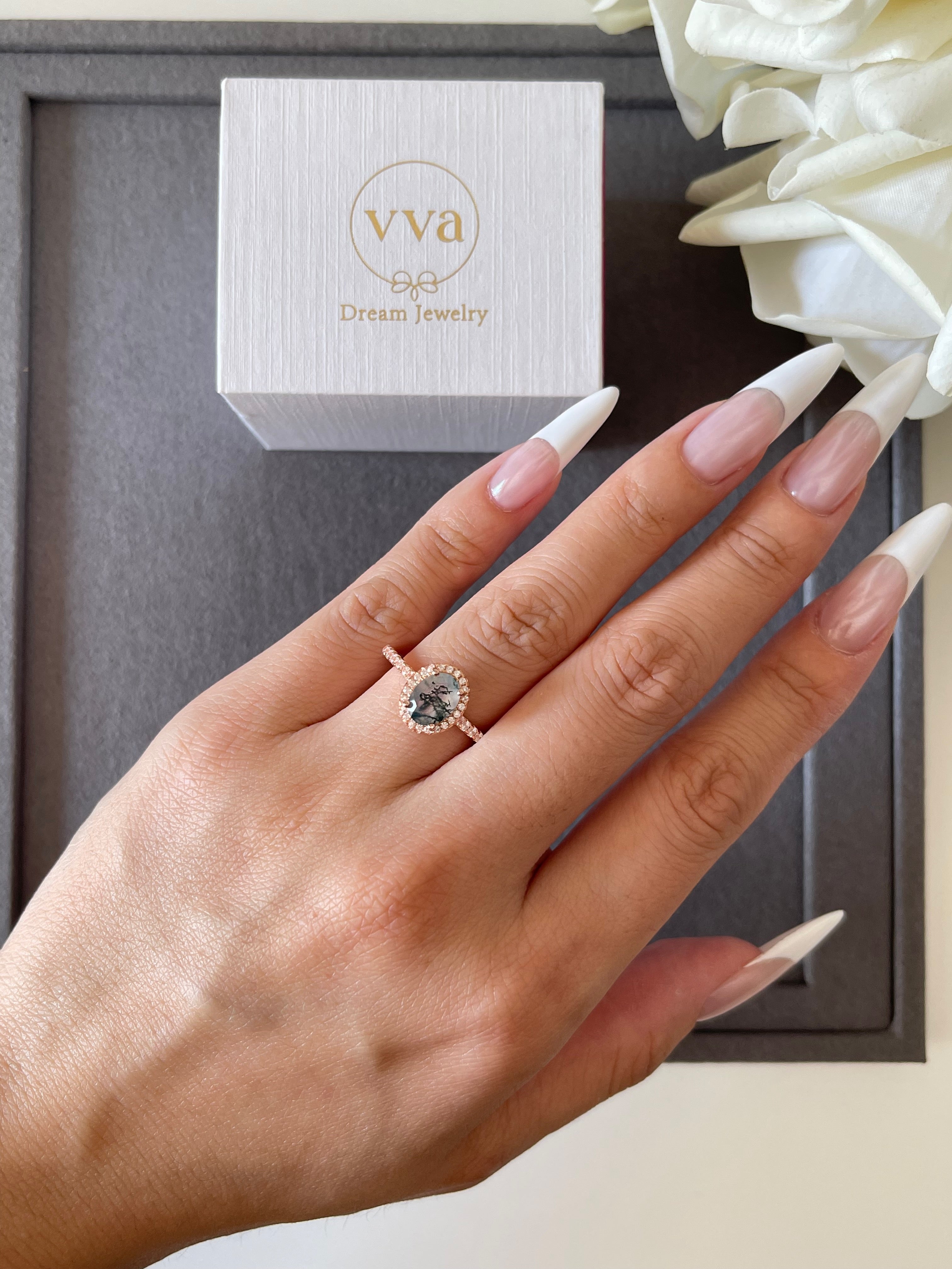 【Enchanted Grove】Unique Handmade Natural Moss Agate Engagement Ring 1.5ct Oval Shape