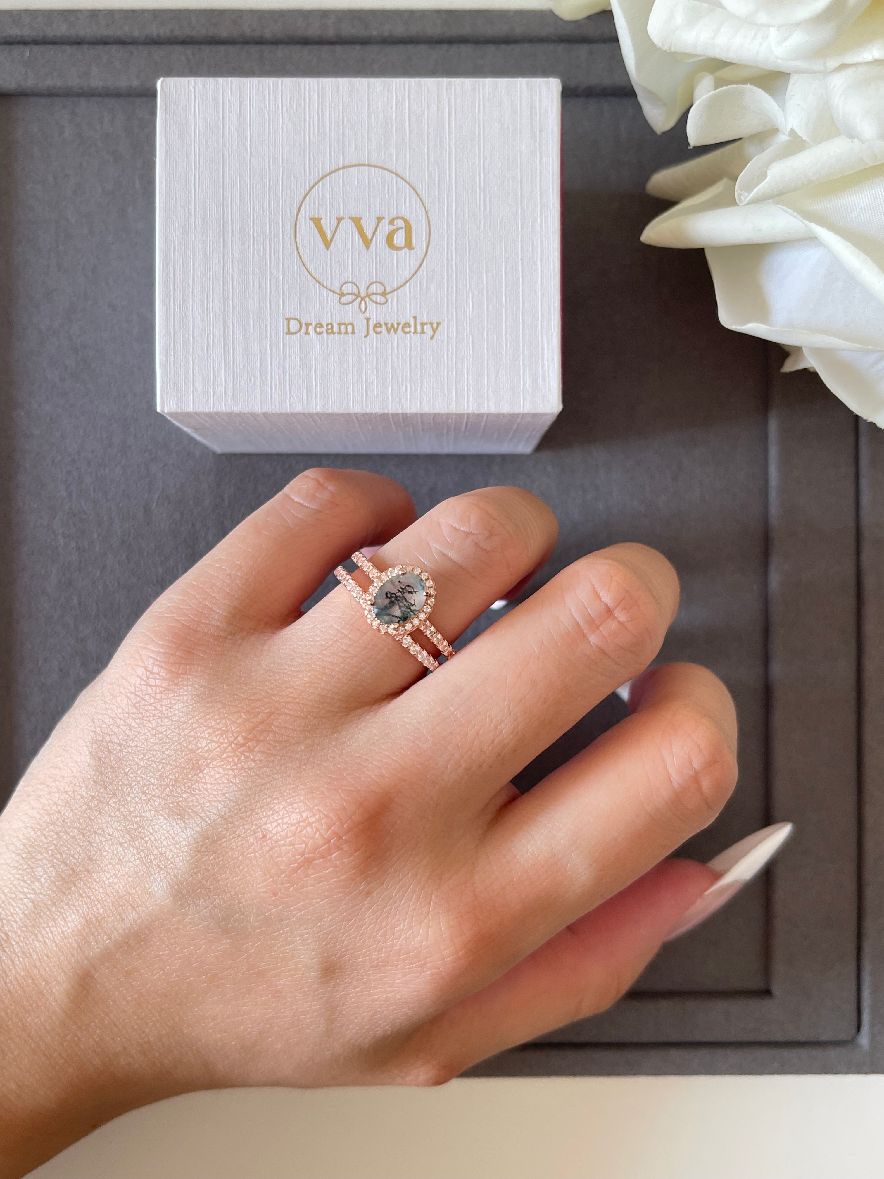 【Enchanted Grovec Set】Unique Handmade Natural Moss Agate Engagement Ring Set 2pcs 1.5ct Oval Shape