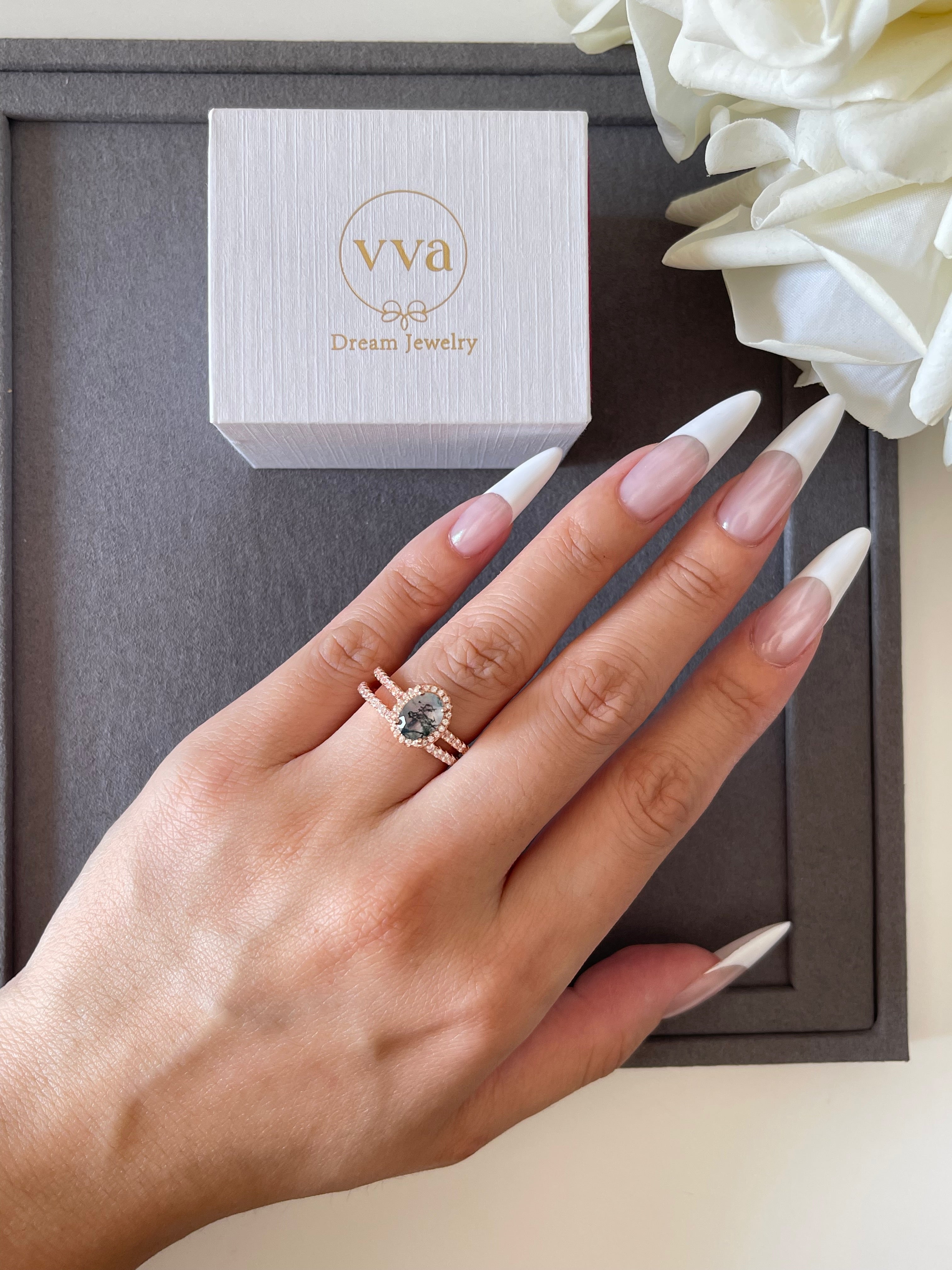 【Enchanted Grovec Set】Unique Handmade Natural Moss Agate Engagement Ring Set 2pcs 1.5ct Oval Shape