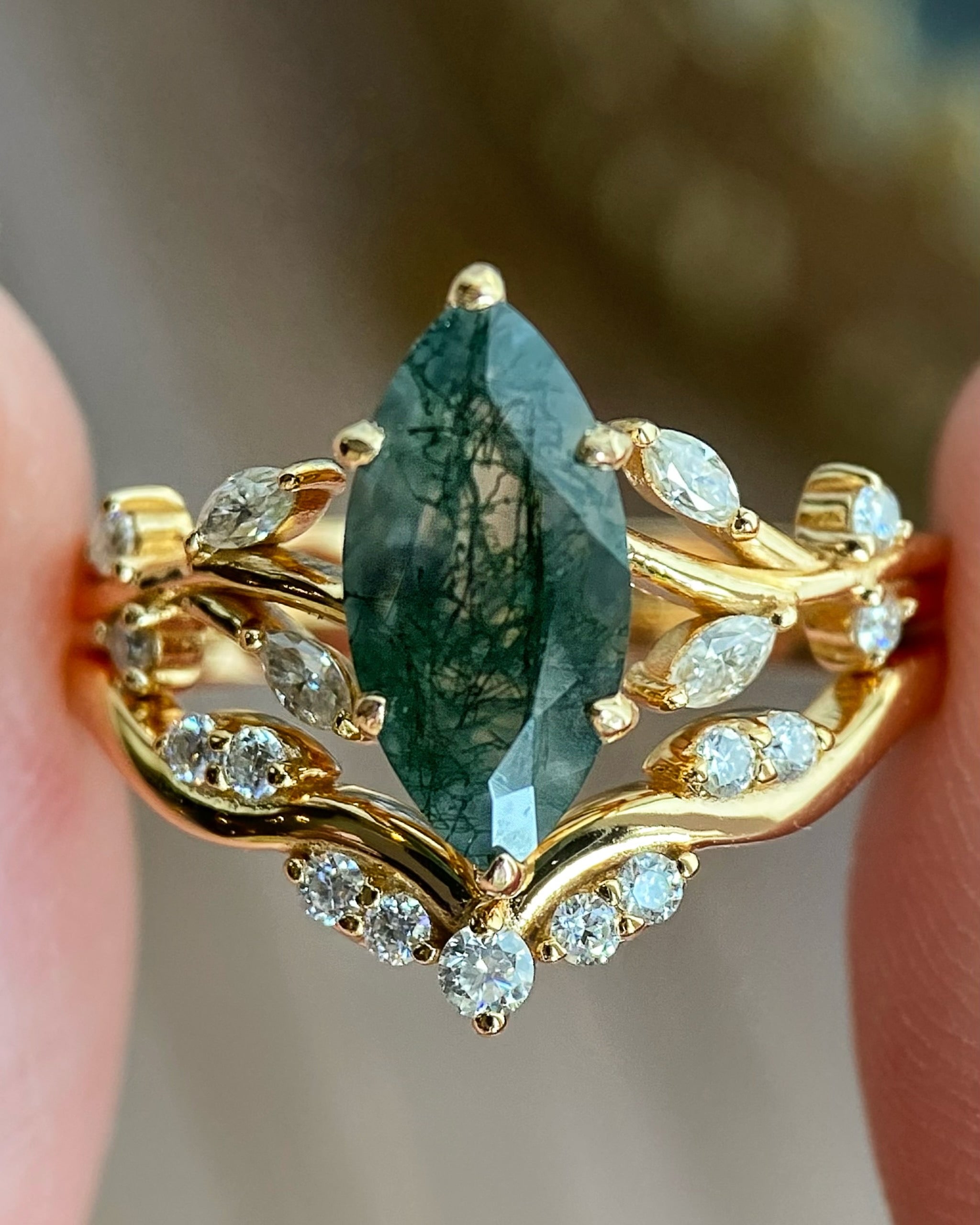 Erynnis | Unique Handmade Marquise Natural Moss Agate Bridal Ring Set with Botanical Vine Band