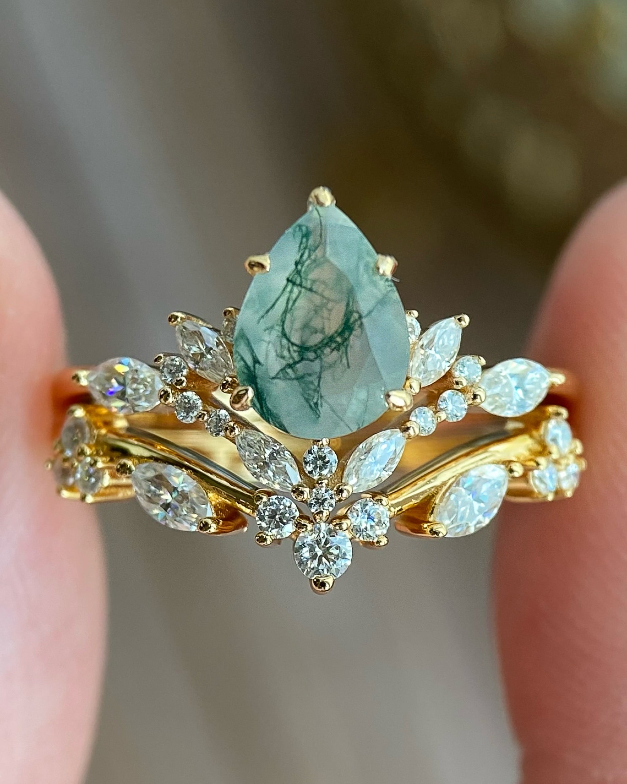 Lysandra | Unique Handmade Pear Shape Natural Moss Agate Engagement Ring Set Elven Leaf Ring