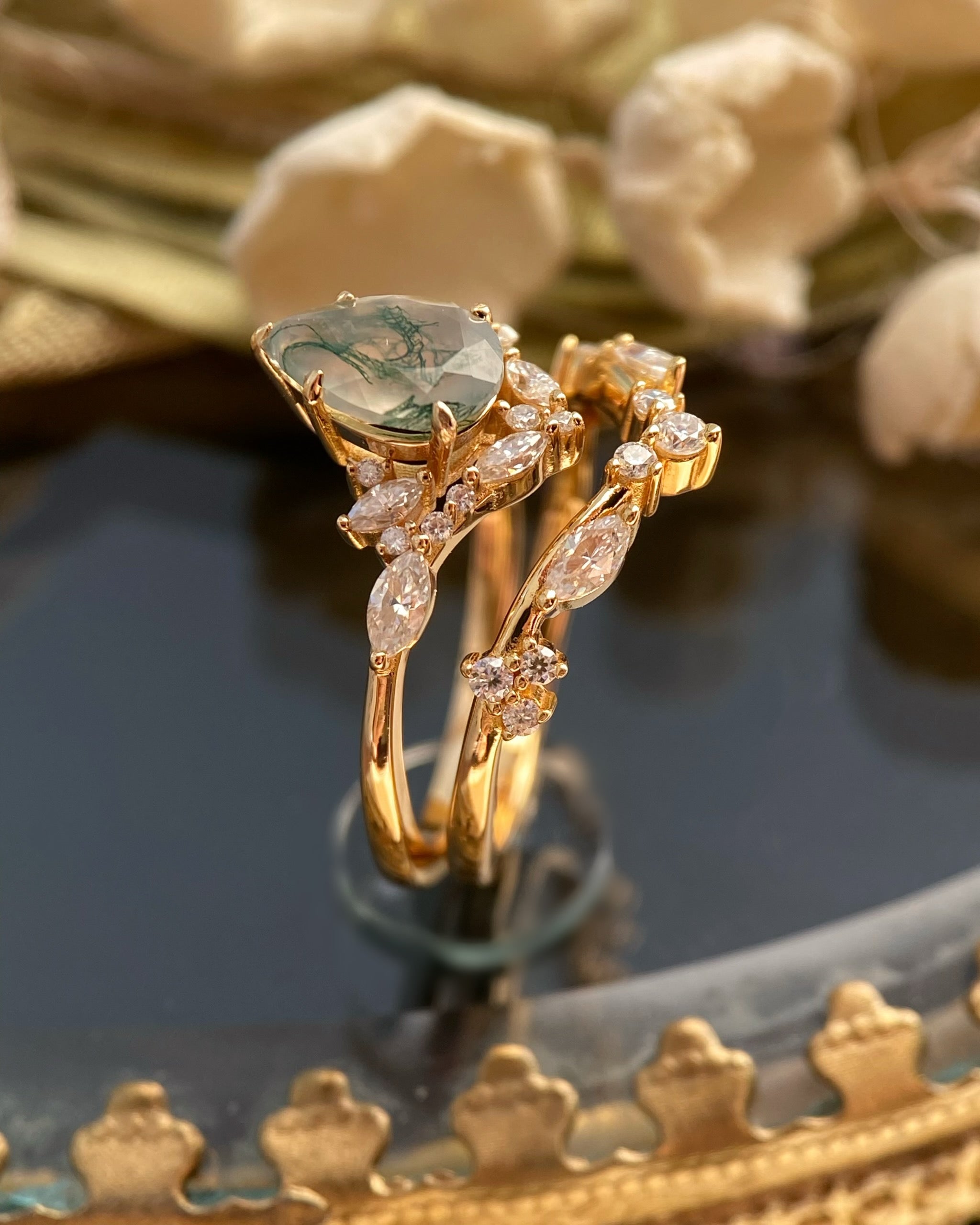 Lysandra | Unique Handmade Pear Shape Natural Moss Agate Engagement Ring Set Elven Leaf Ring
