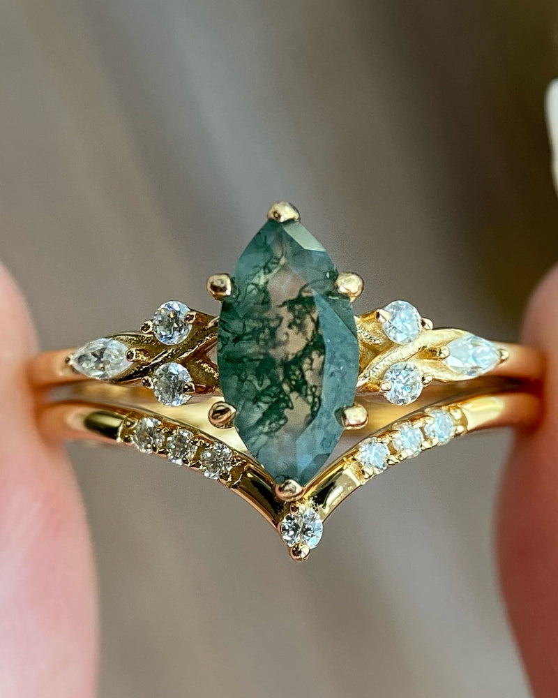 Evadne | Vintage Unique Handmade Marquise Natural Moss Agate Engagement Ring Set
