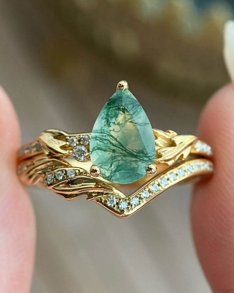 Nysa | Nature Inspired Unique Handmade Pear Cut Natural Moss Agate Engagement Ring Set Curved Leaf Band