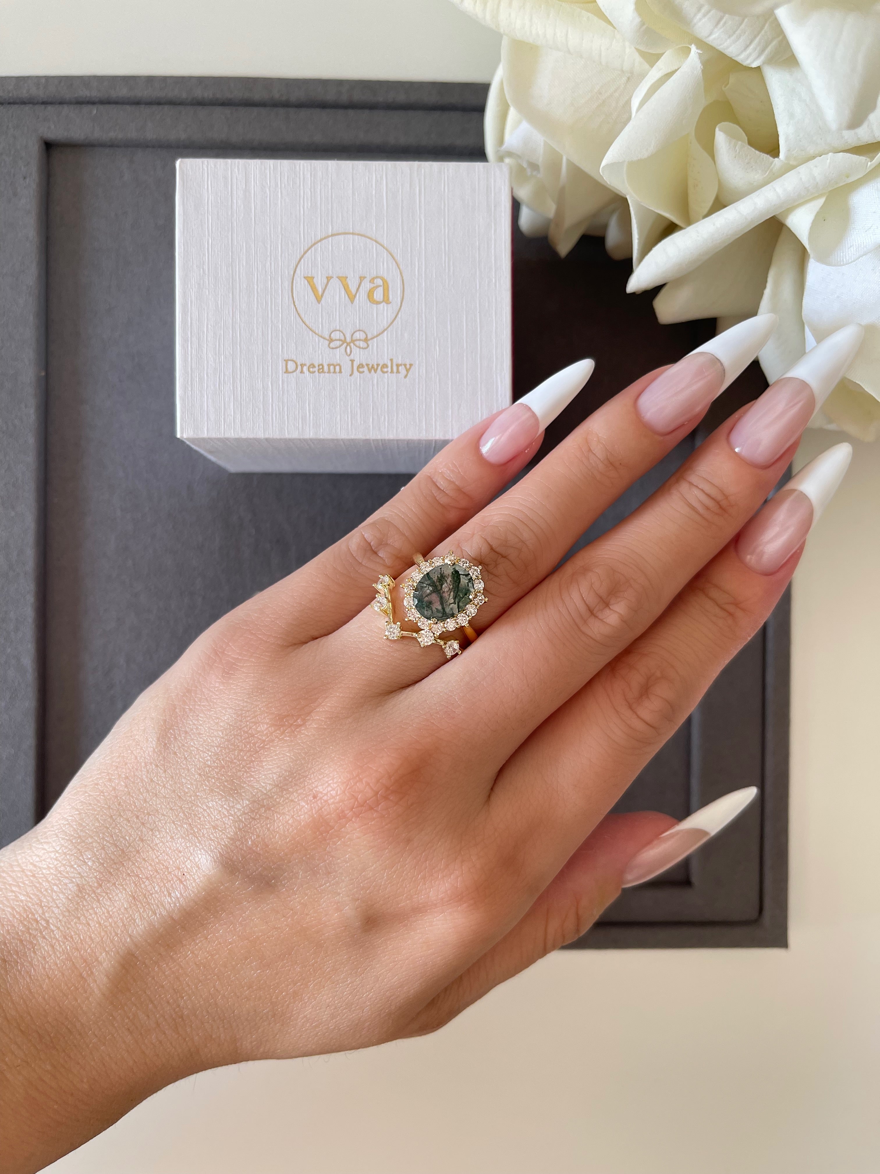 【Morrigan Set】 Unique Handmade Natural Green Moss Agate Engagement Ring Set 2pcs Oval Shape 3ct