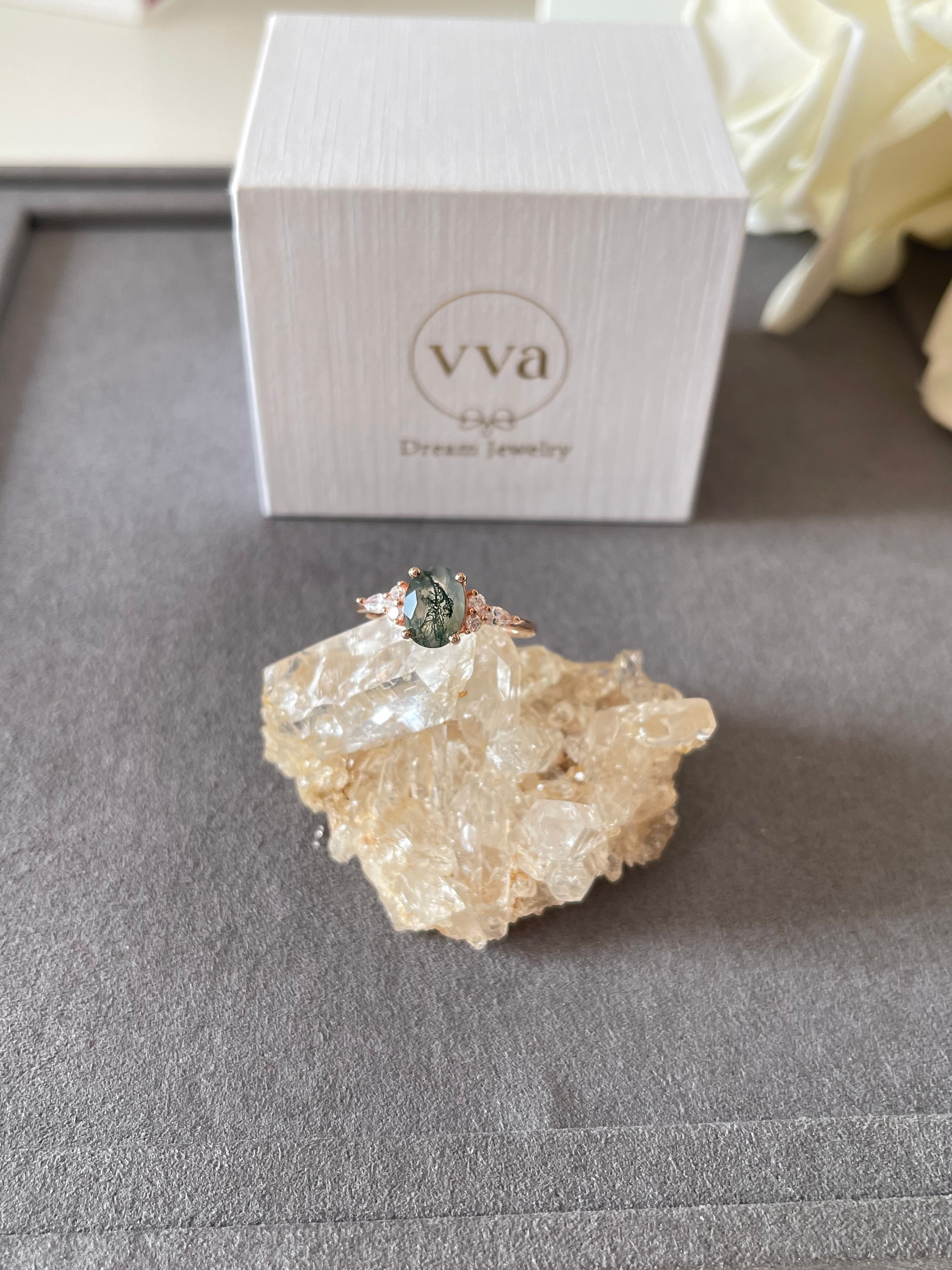 【Gala Garden】Unique Handmade Natural Moss Agate Engagement Ring 1.5ct Oval Shape