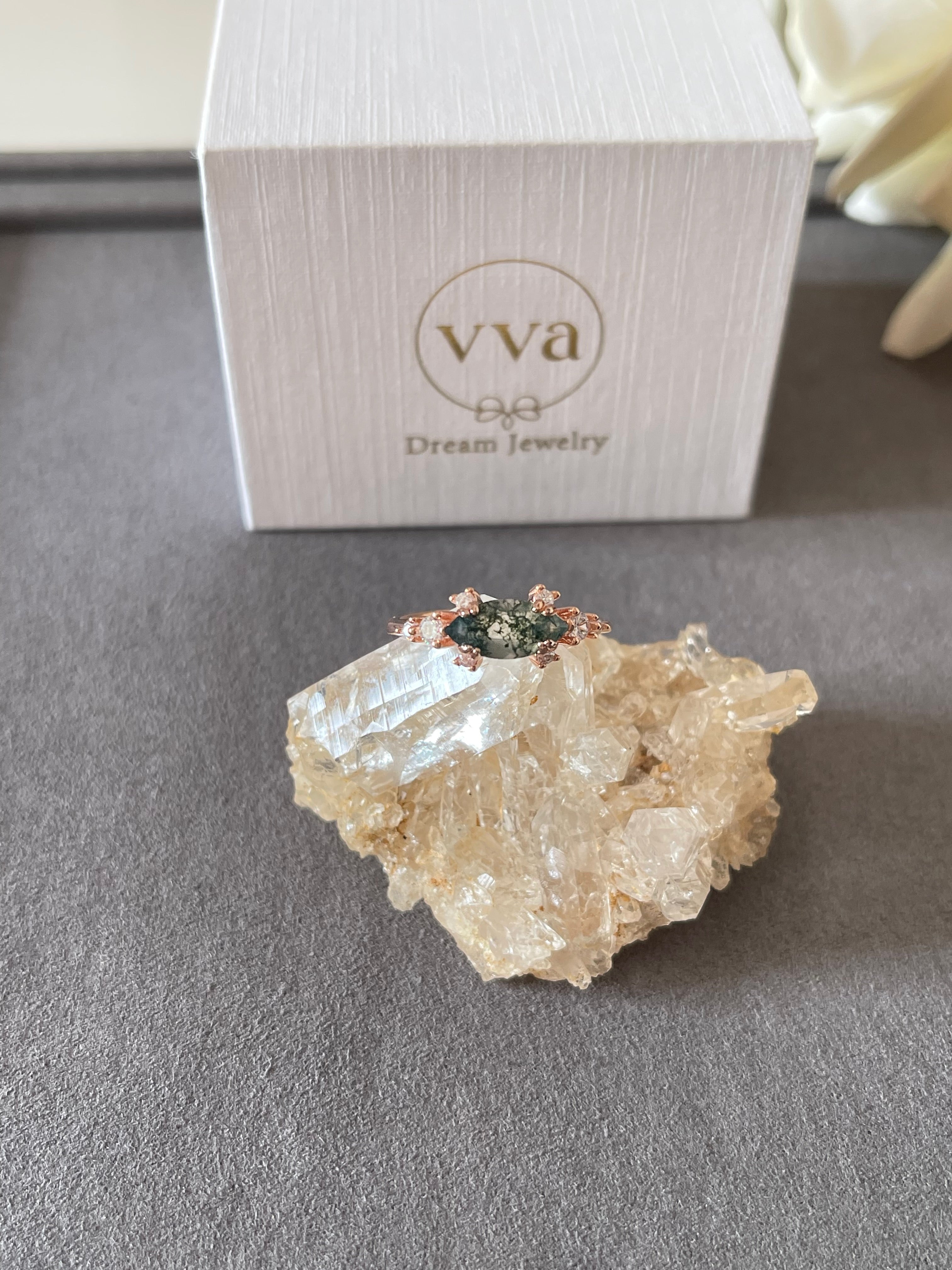 【Meridian】Unique Handmade Natural Moss Agate Engagement Ring  1ct Marquise Shape