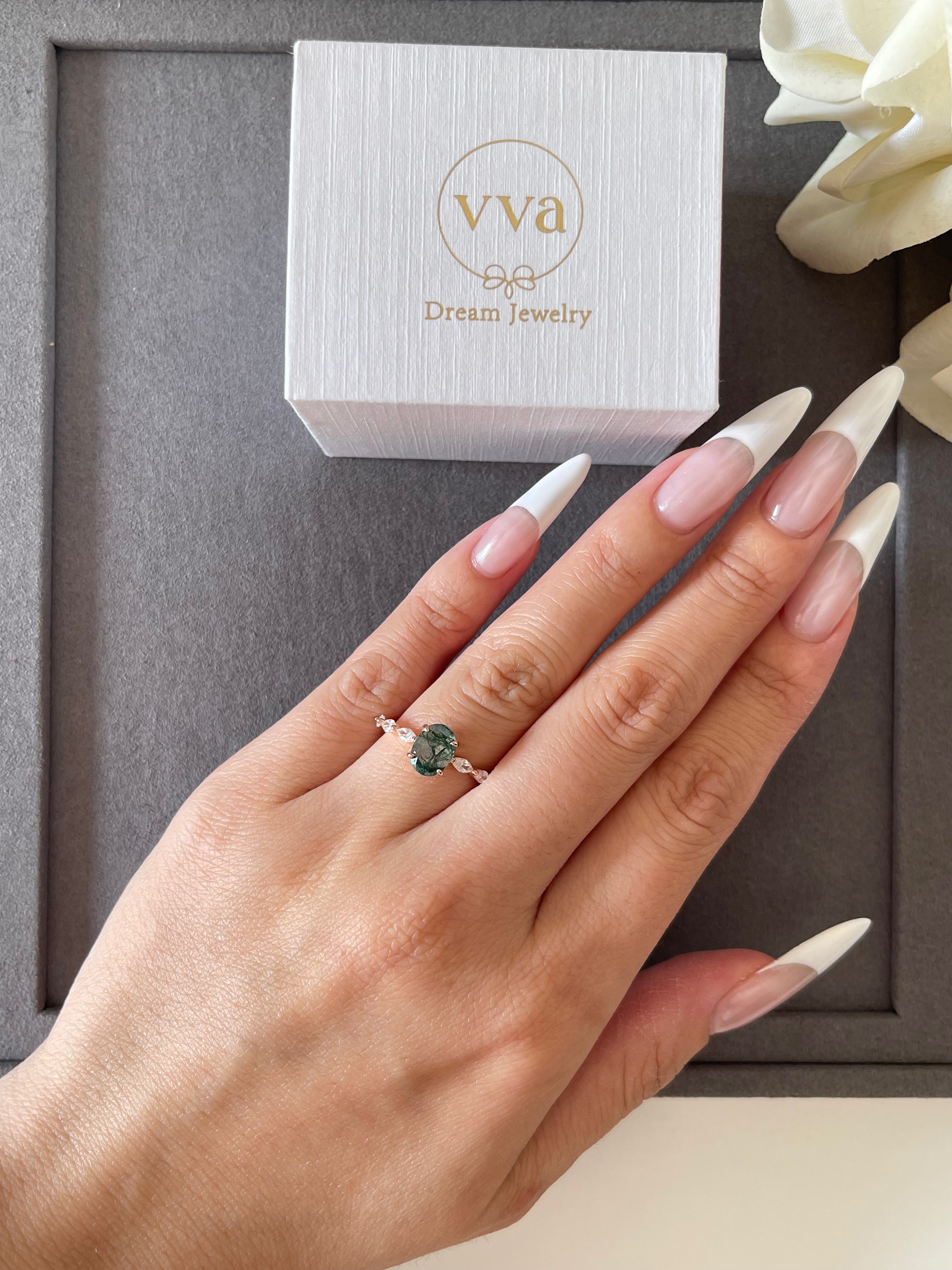 【Greenwood】Unique Handmade Natural Moss Agate Engagement Ring 1.5ct Oval Shape