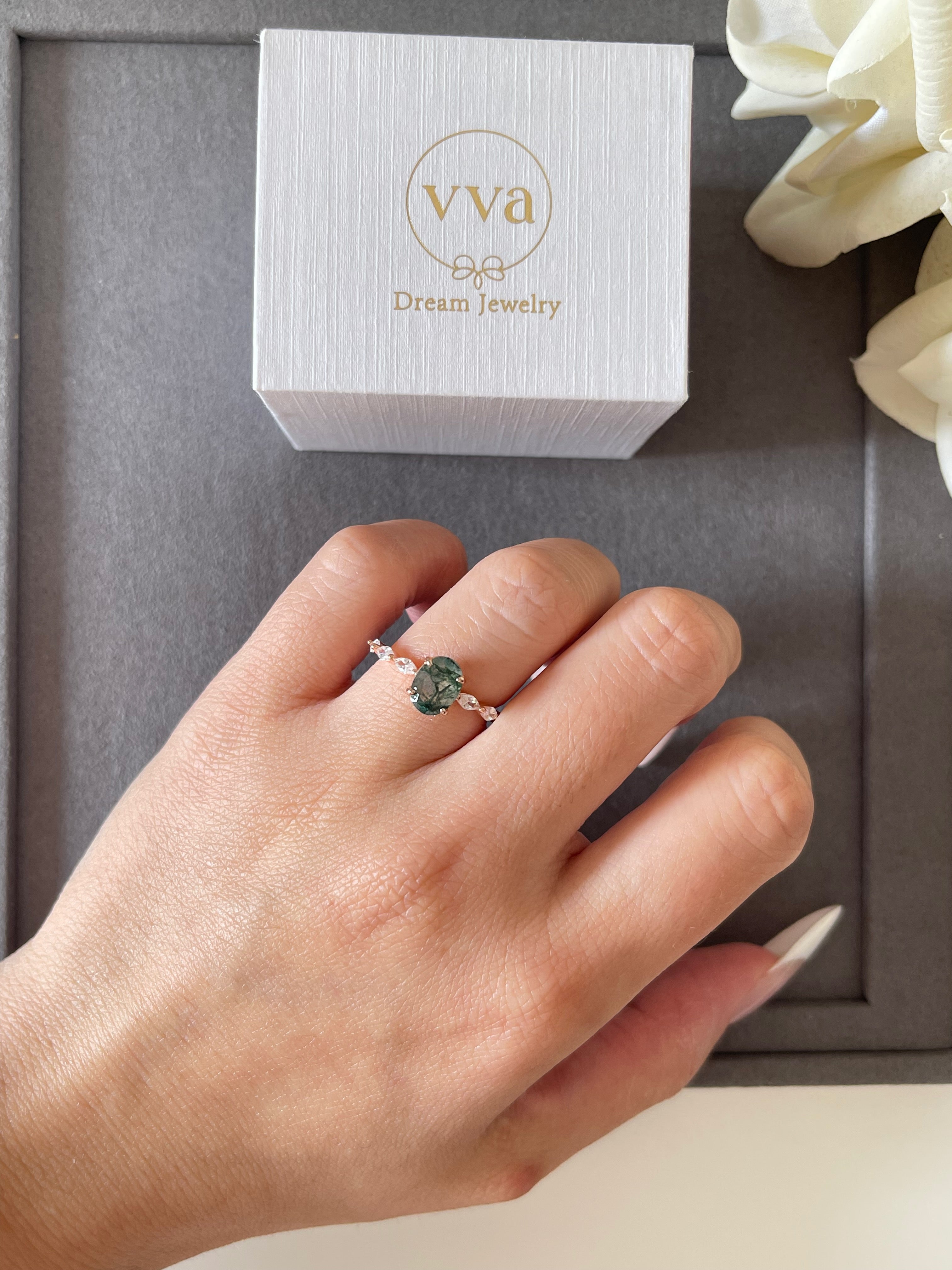 【Greenwood】Unique Handmade Natural Moss Agate Engagement Ring 1.5ct Oval Shape