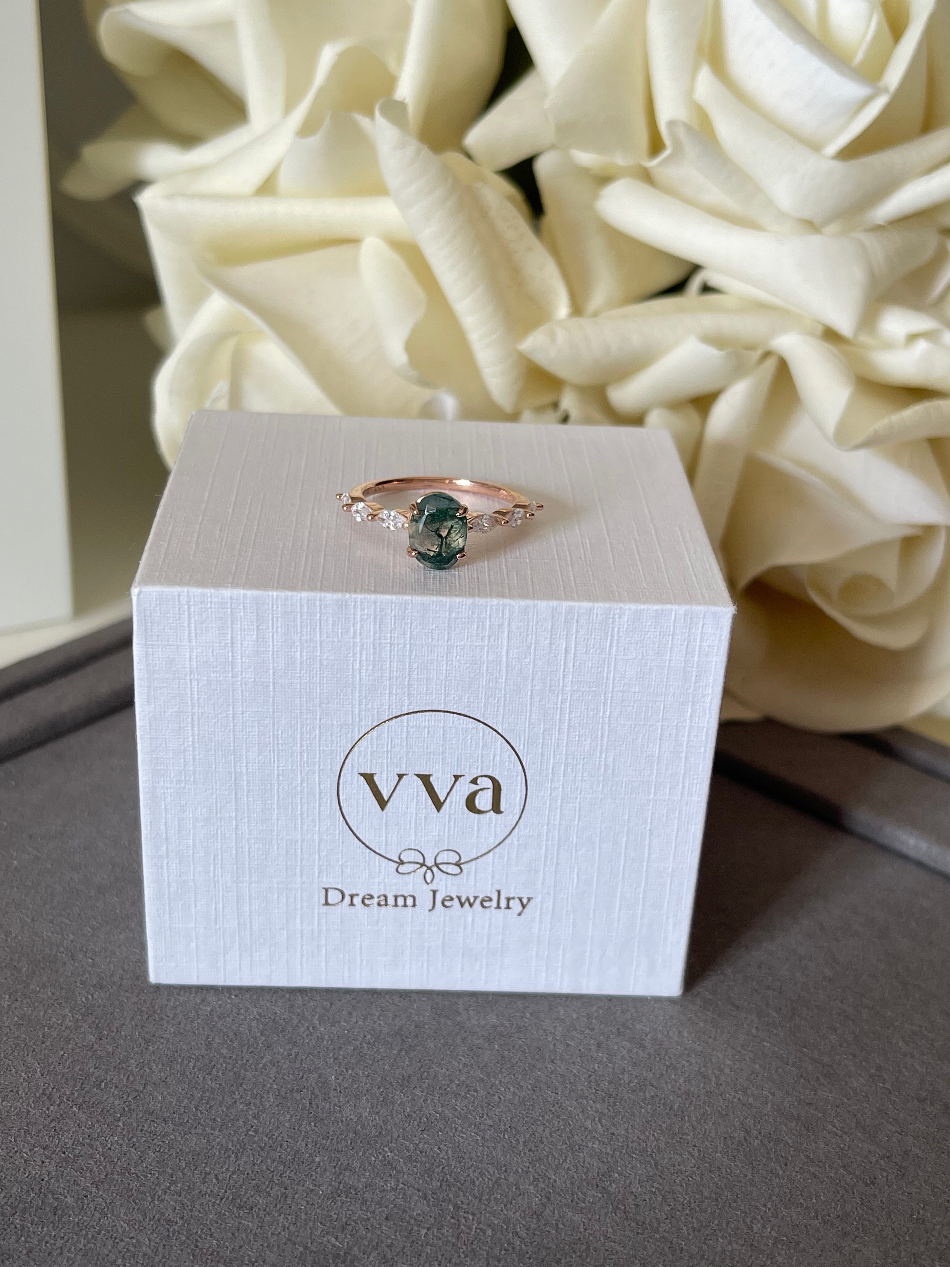 【Greenwood】Unique Handmade Natural Moss Agate Engagement Ring 1.5ct Oval Shape