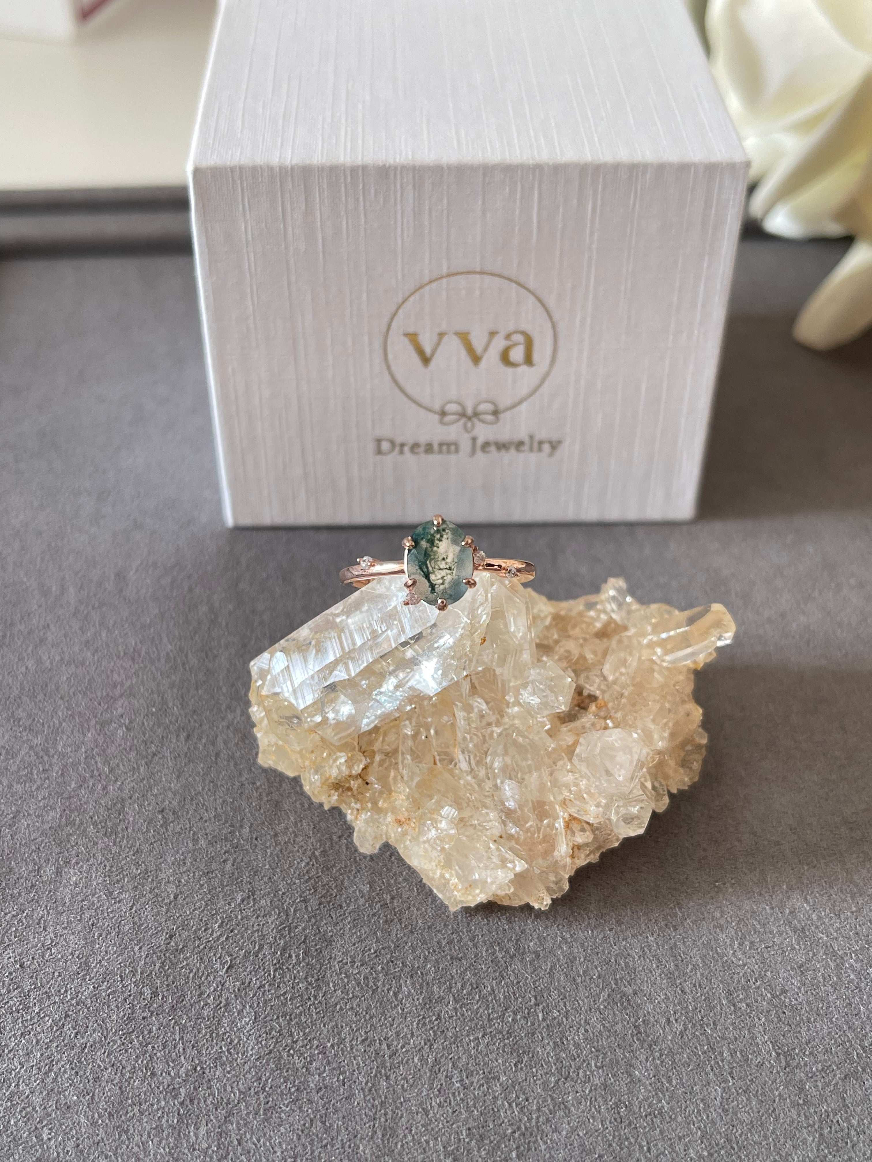 【Arbor】Unique Handmade Natural Moss Agate Engagement Ring 1.5ct Oval Shape