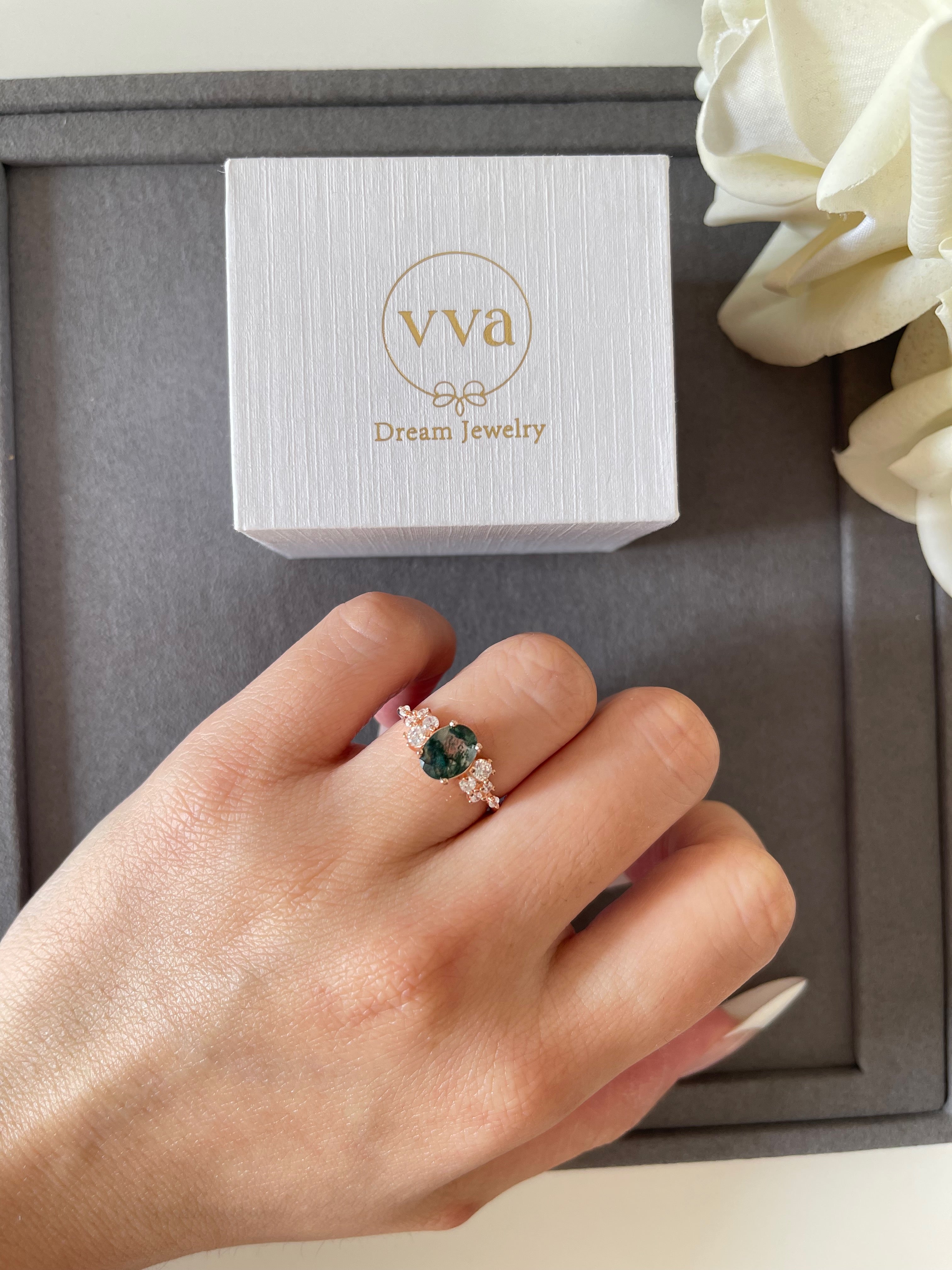 【Sylvan Halo】Unique Handmade Natural Moss Agate Engagement Ring 1.5ct Oval Shape