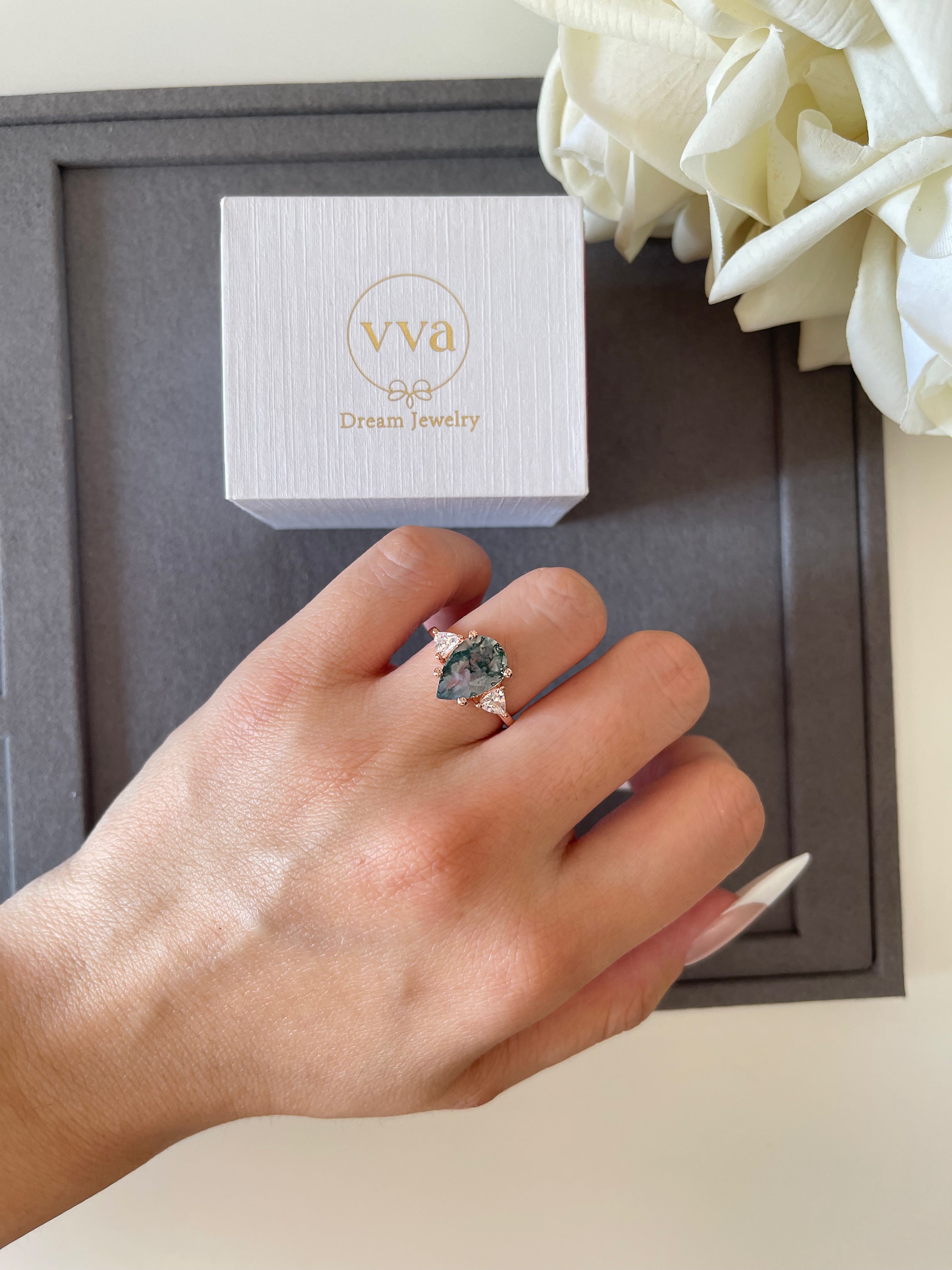 【HAZEL】Unique Handmade Natural Moss Agate Engagement Ring 3ct Pear Shape