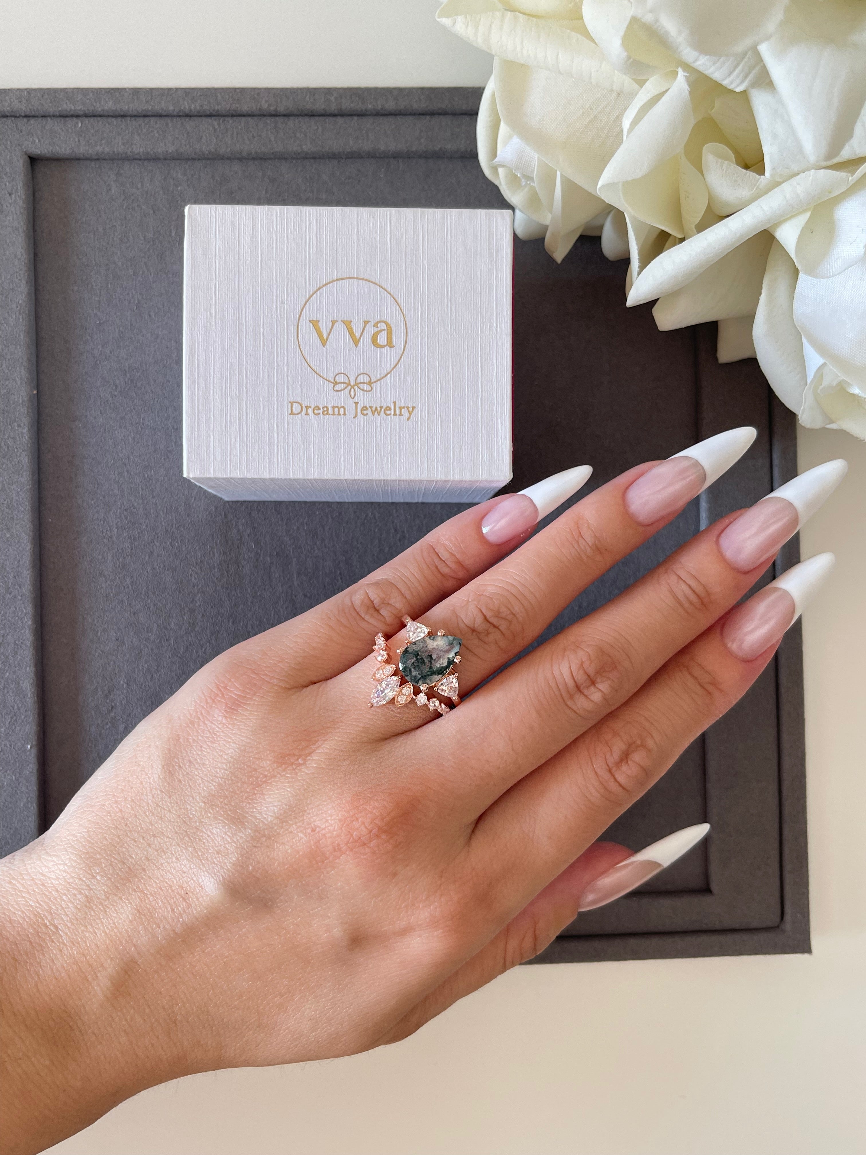 【HAZEL】Unique Handmade Natural Moss Agate Engagement Ring 3ct Pear Shape