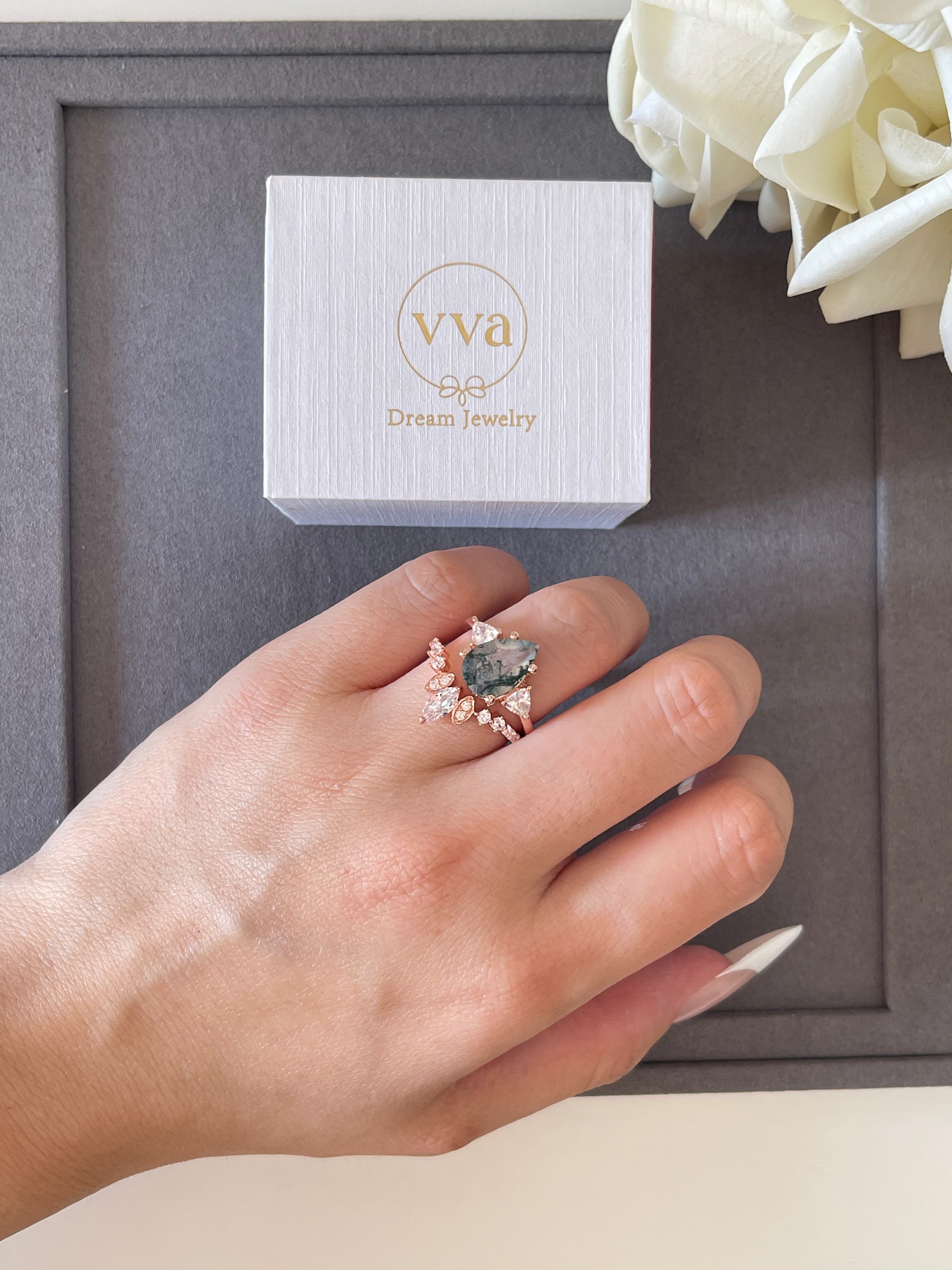 【HAZEL】Unique Handmade Natural Moss Agate Engagement Ring 3ct Pear Shape