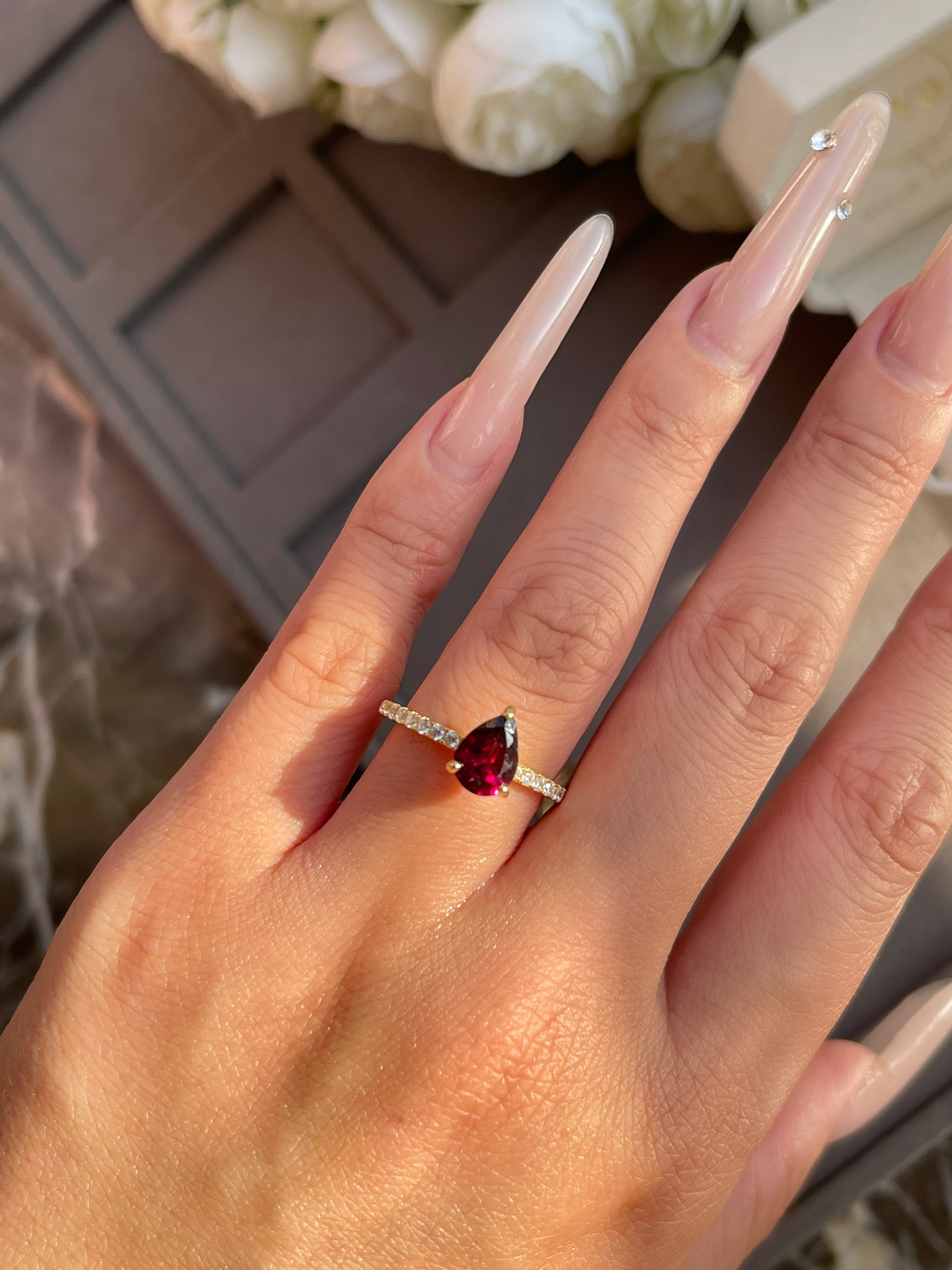 【Rubellite Cascade】Unique Handmade Natural Rhodolite Garnet Engagement Ring 0.8ct Pear Shape