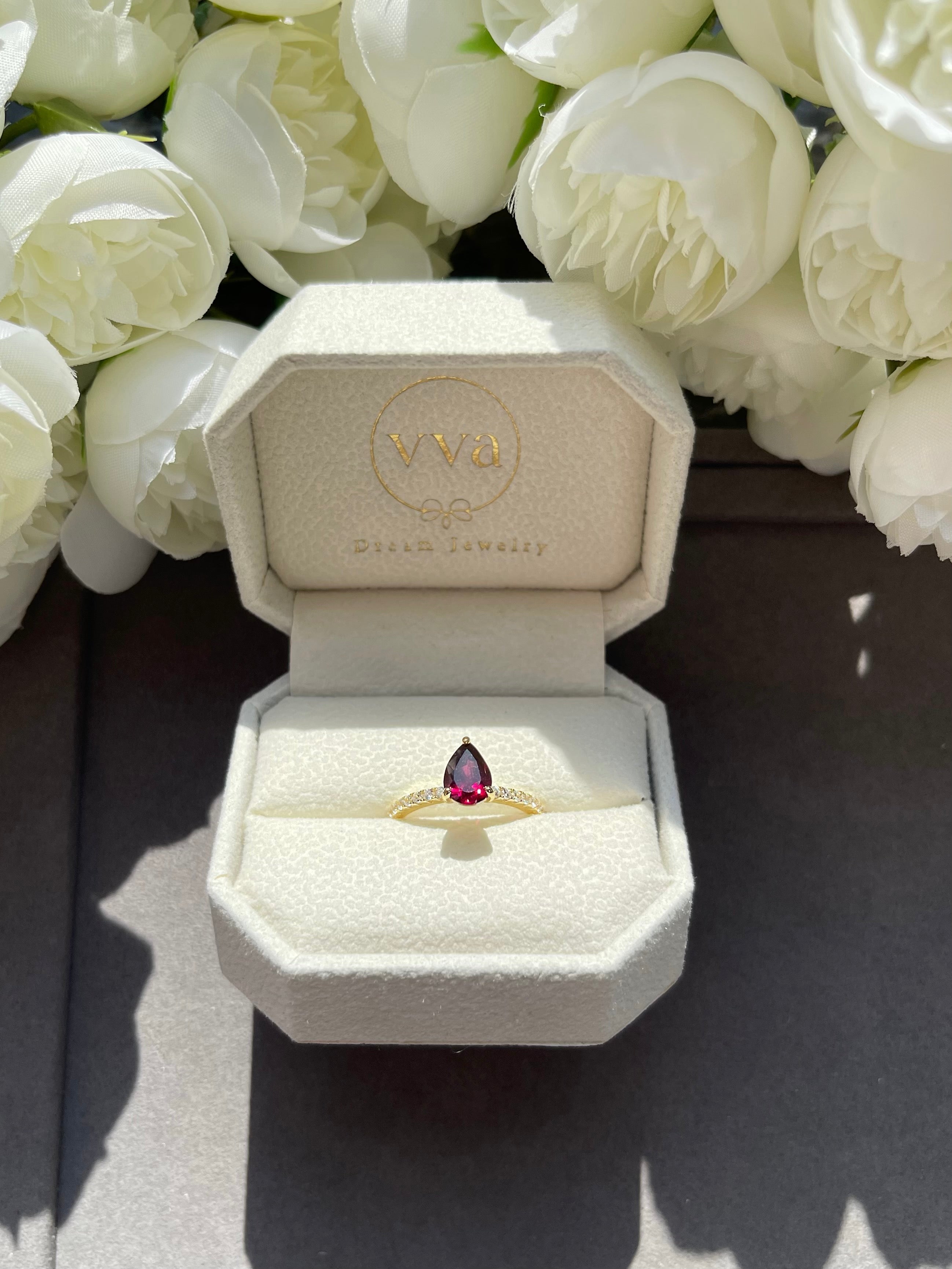 【Rubellite Cascade】Unique Handmade Natural Rhodolite Garnet Engagement Ring 0.8ct Pear Shape