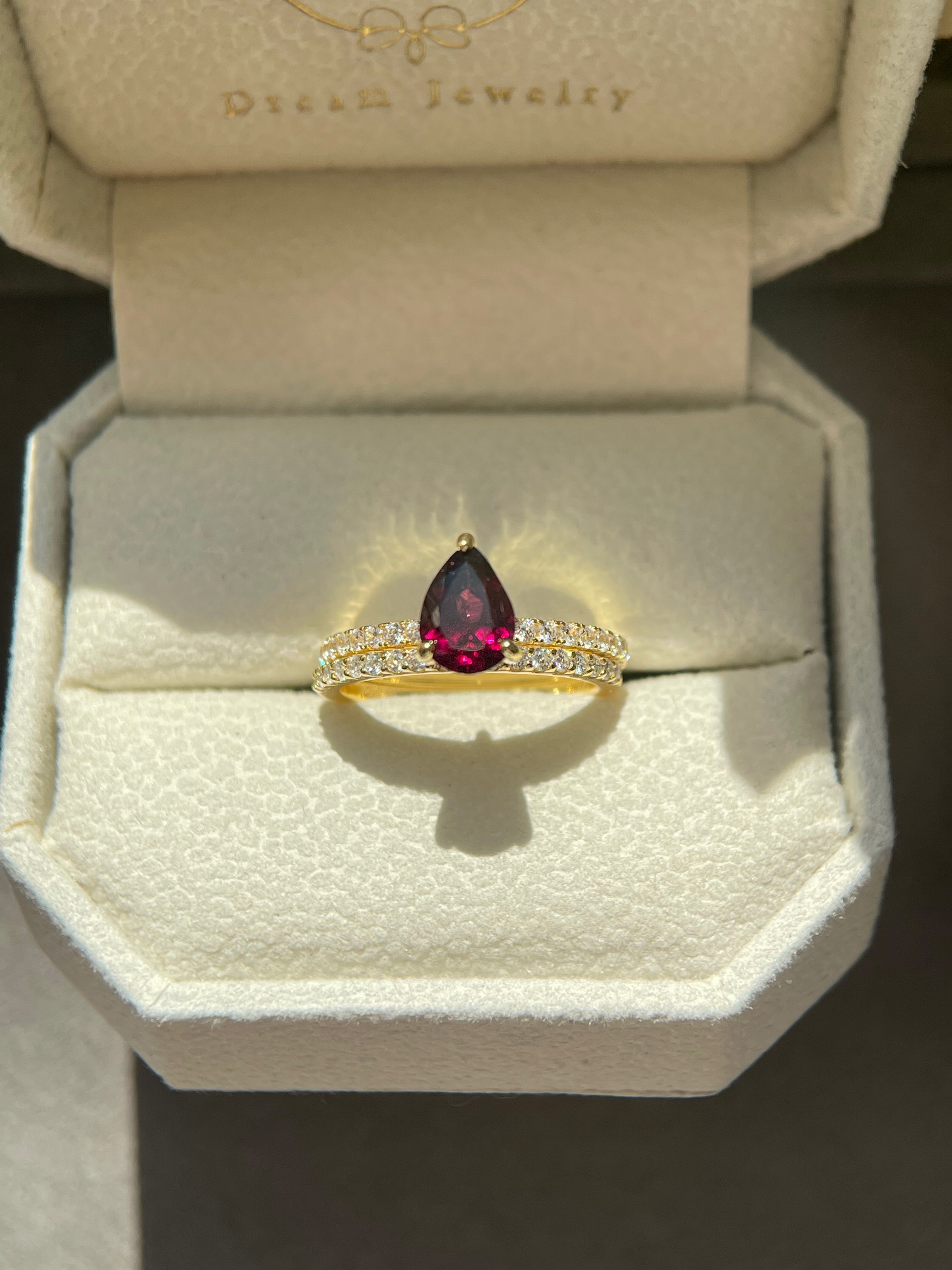 【Rubellite Cascade Set】Unique Handmade Natural Rhodolite Garnet Engagement Ring Set 2pcs 0.8ct Pear Shape