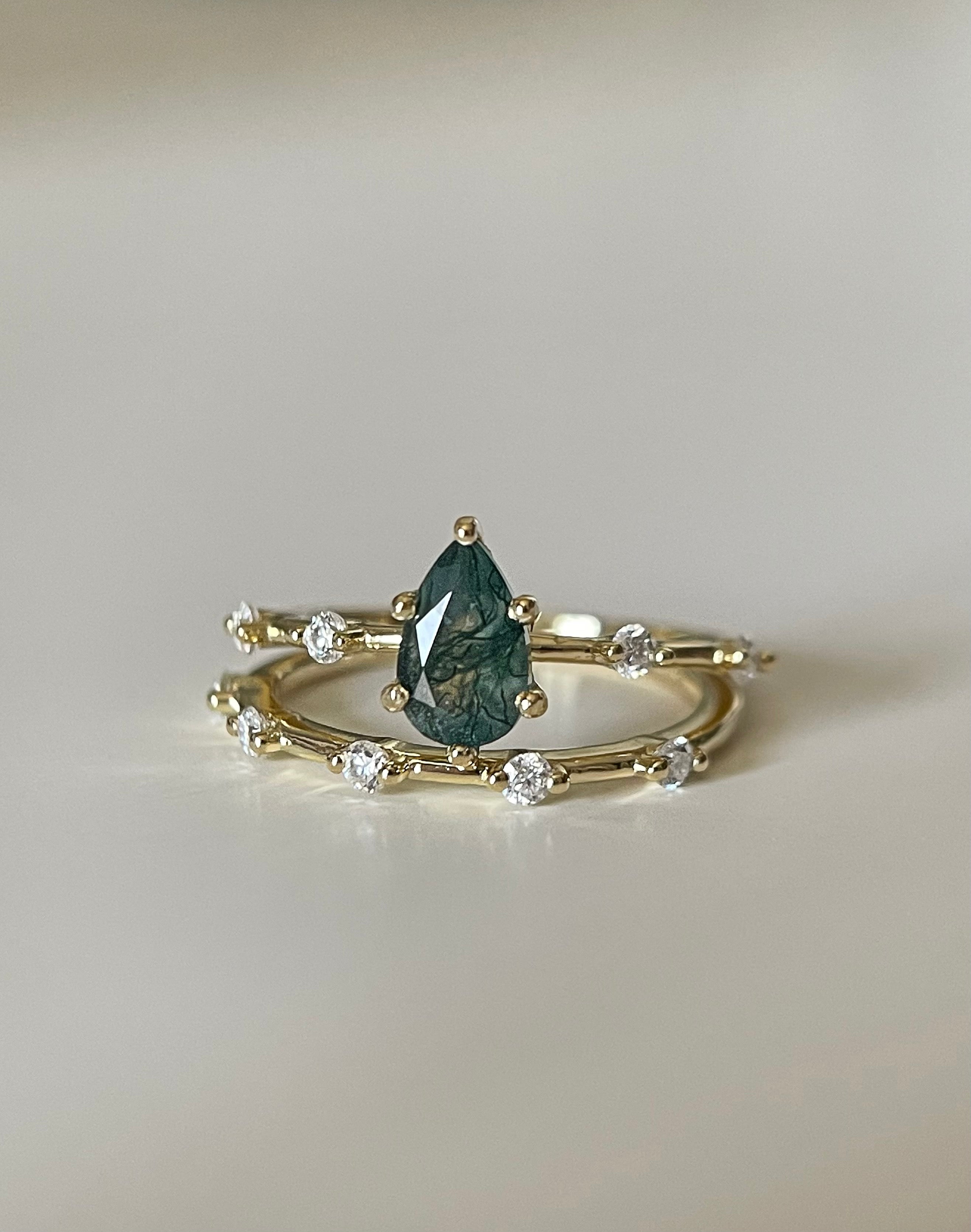 【Verdent Promise】Unique Handmade Natural Moss Agate Engagement Ring Set 2pcs 0.75ct Pear Shape