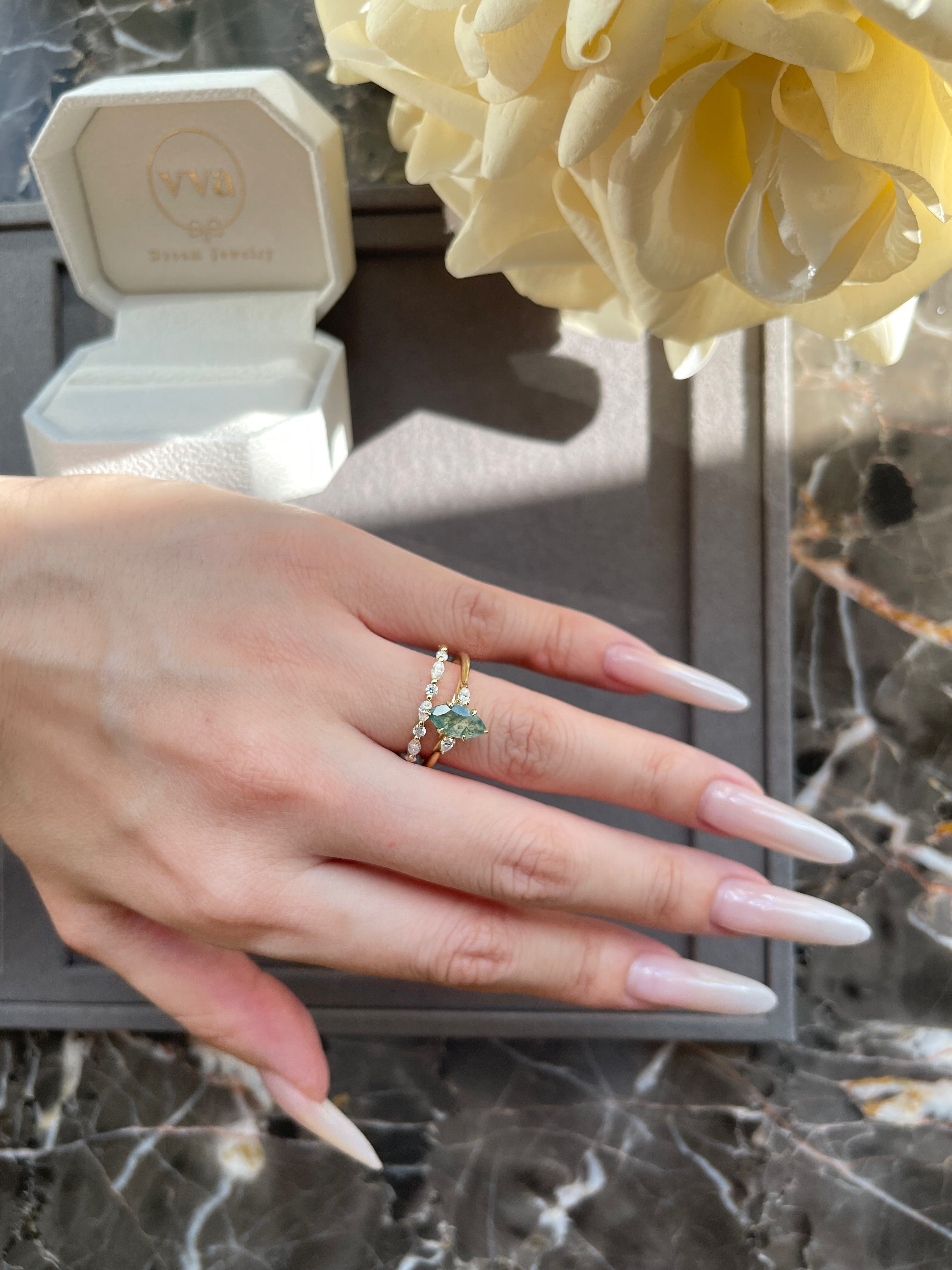 【Cordelia】Unique Handmade Natural Moss Agate Engagement Ring Set 2pcs 1ct Marquise Shape