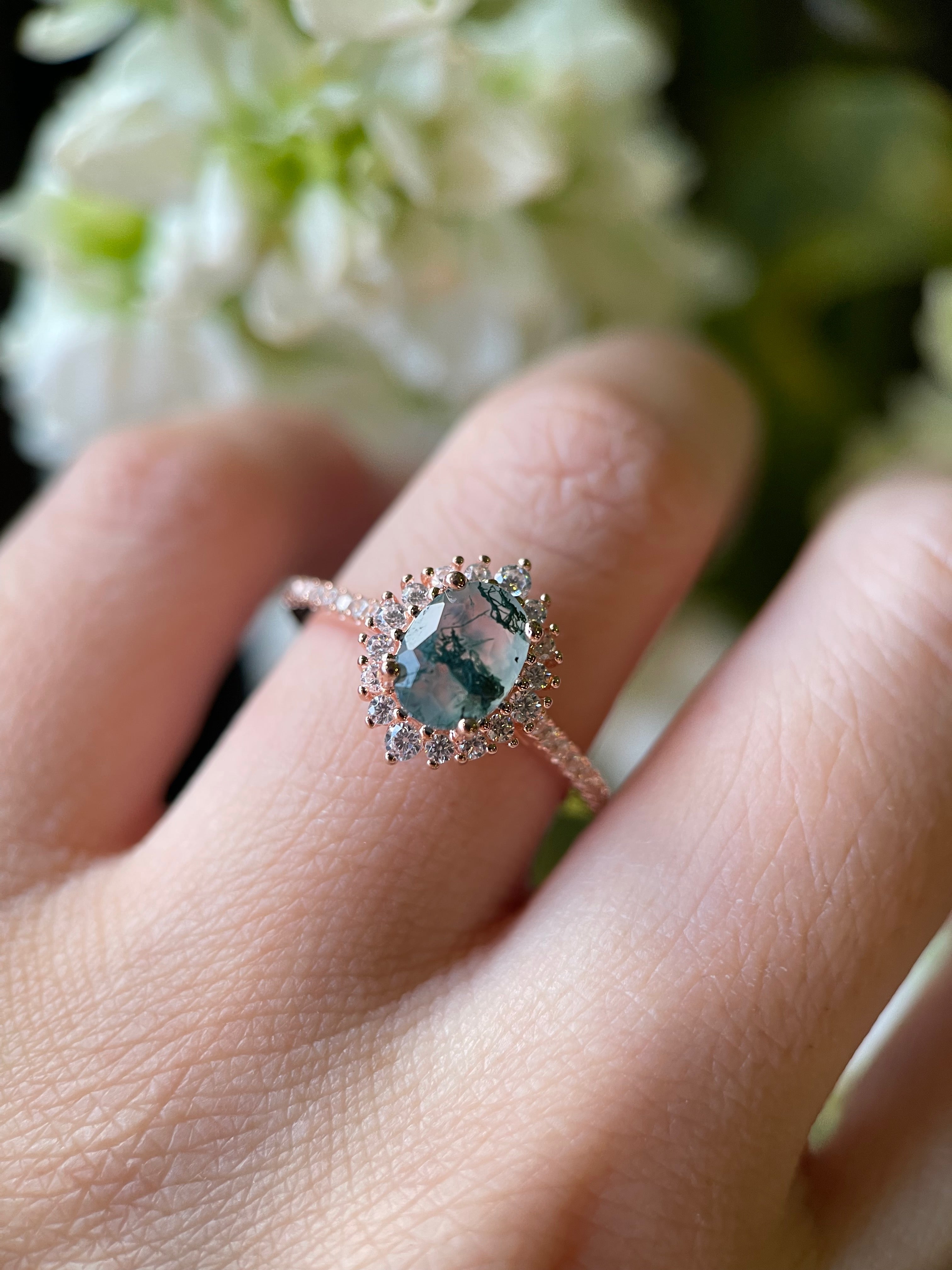 【Solara】Unique Handmade Natural Moss Agate Engagement Ring 1.5ct Oval Cut