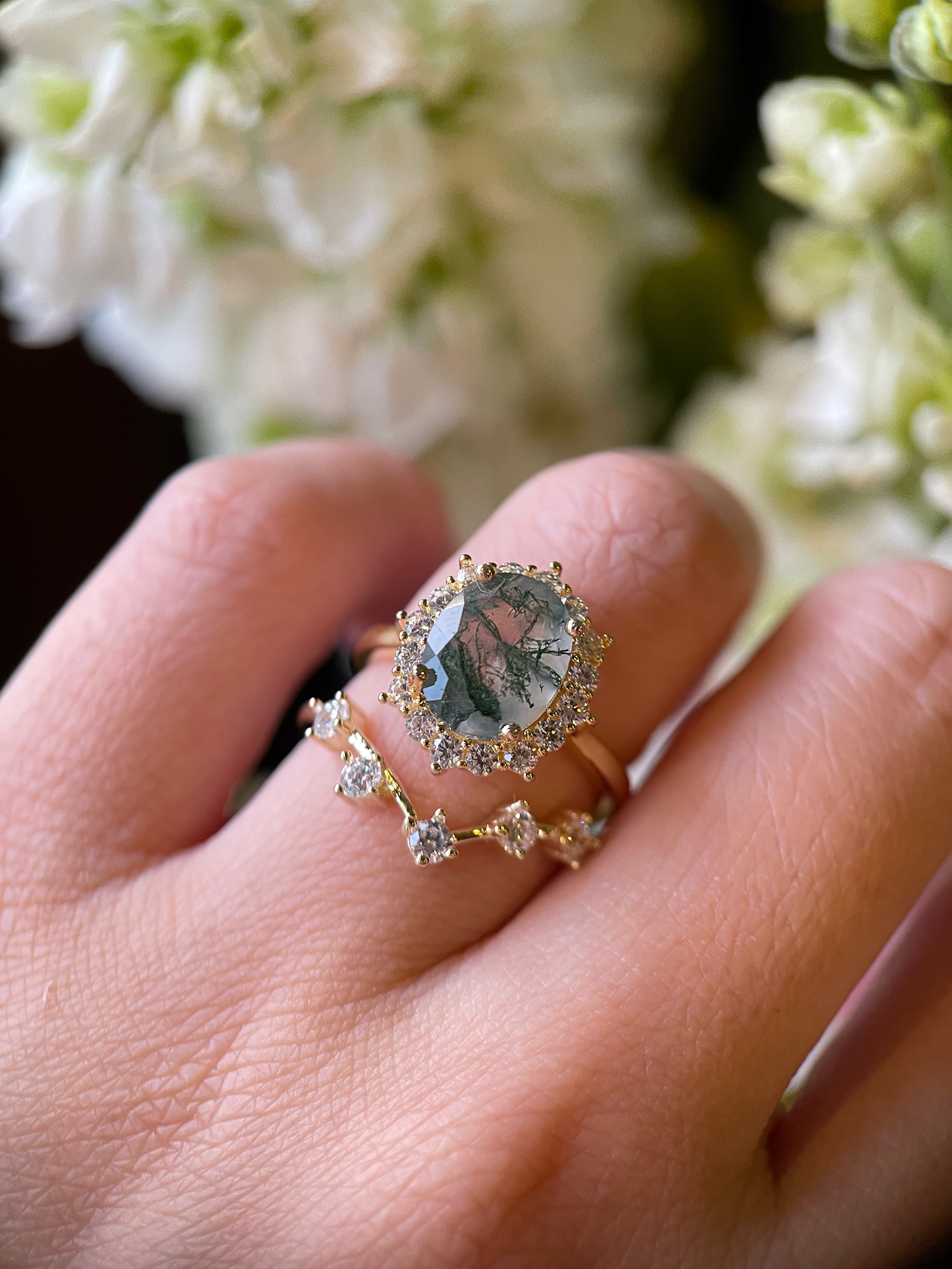 【Morrigan Set】 Unique Handmade Natural Green Moss Agate Engagement Ring Set 2pcs Oval Cut 3ct