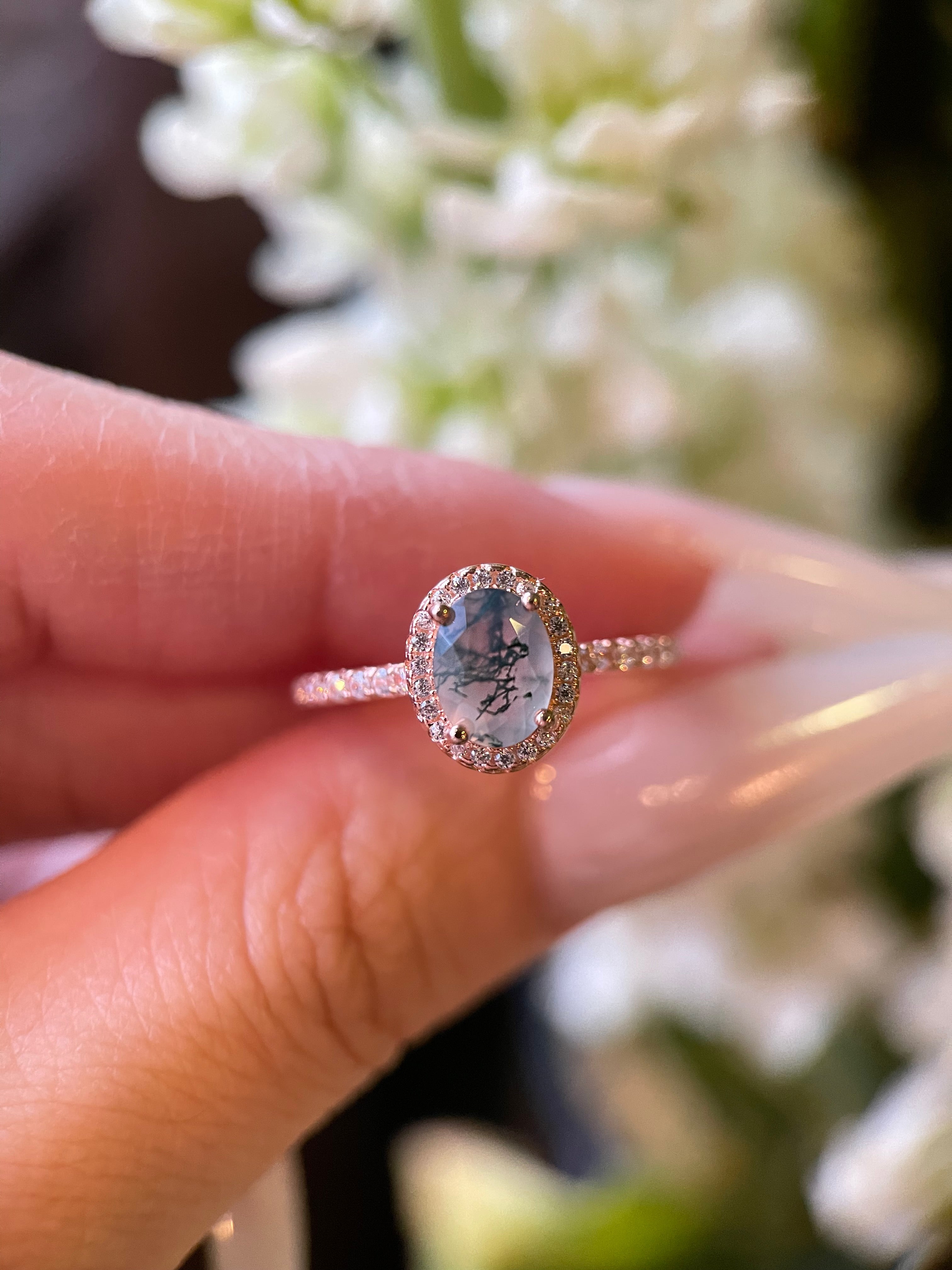 【Bosquet Enchanté】Bague de fiançailles unique en agate mousse naturelle faite à la main, 1,5 ct, forme ovale